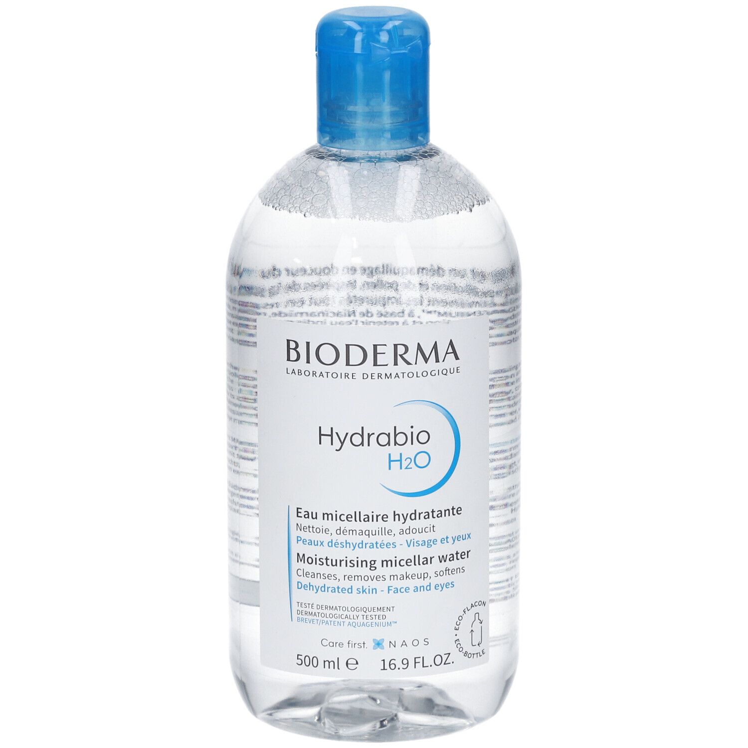 Flacon transparent avec bouchon bleu. Inscription: Bioderma, Hydrabio H2O. Eau micellaire pour visage et yeux.