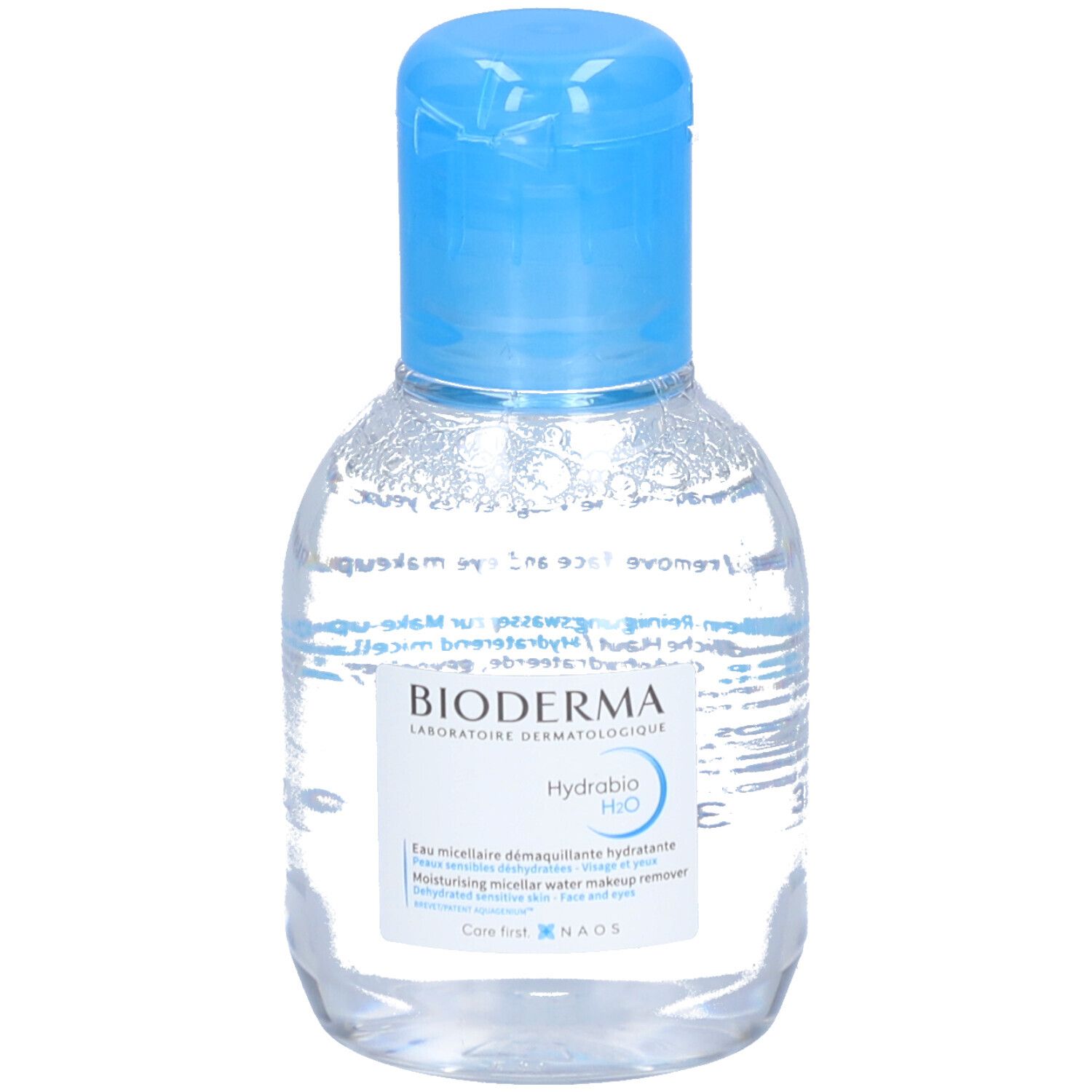Klare Flasche mit blauem Deckel. Aufschrift: BIODERMA, Hydrabio H2O. Micellaire Reinigungswasser.