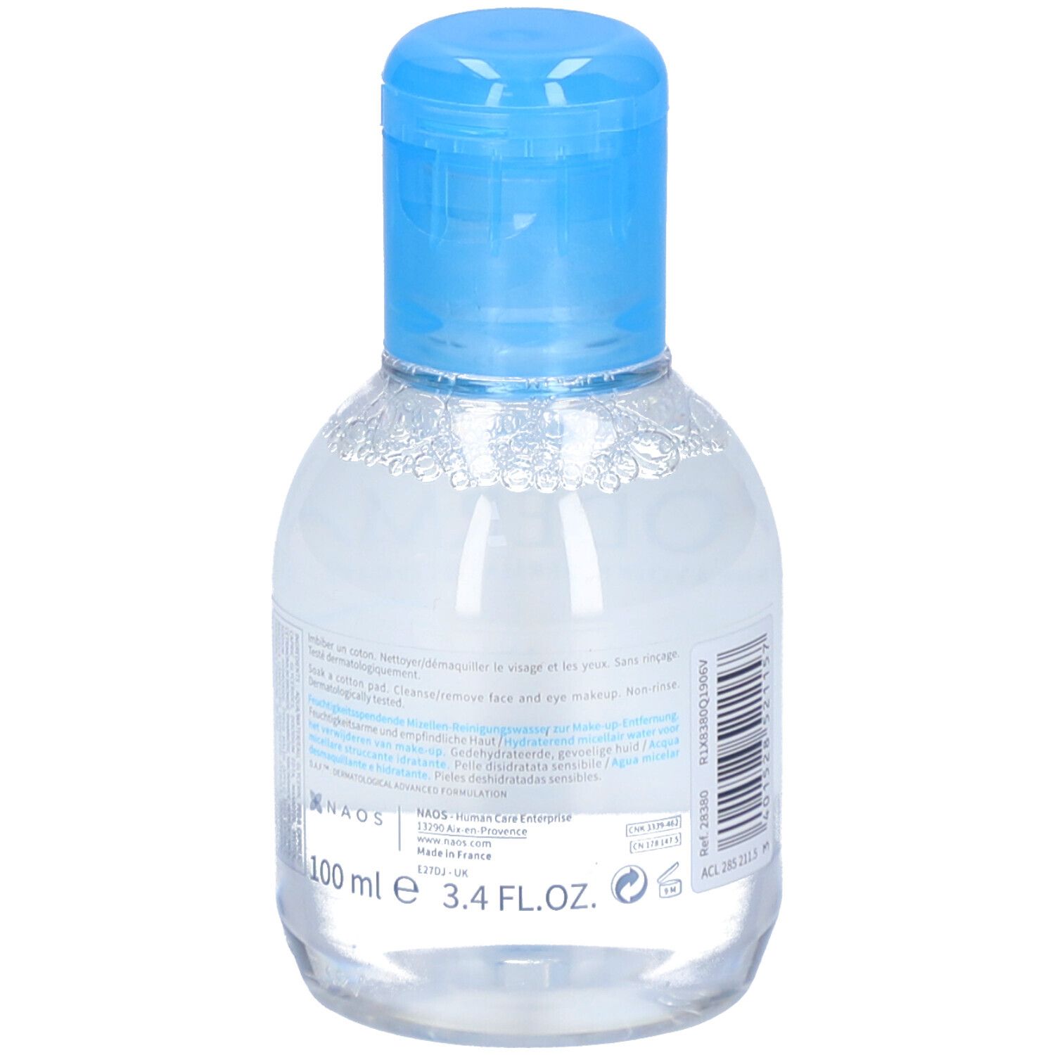 Klare Flasche mit blauem Deckel. Rückseite mit Text. BIODERMA Hydrabio H2O. 100 ml.