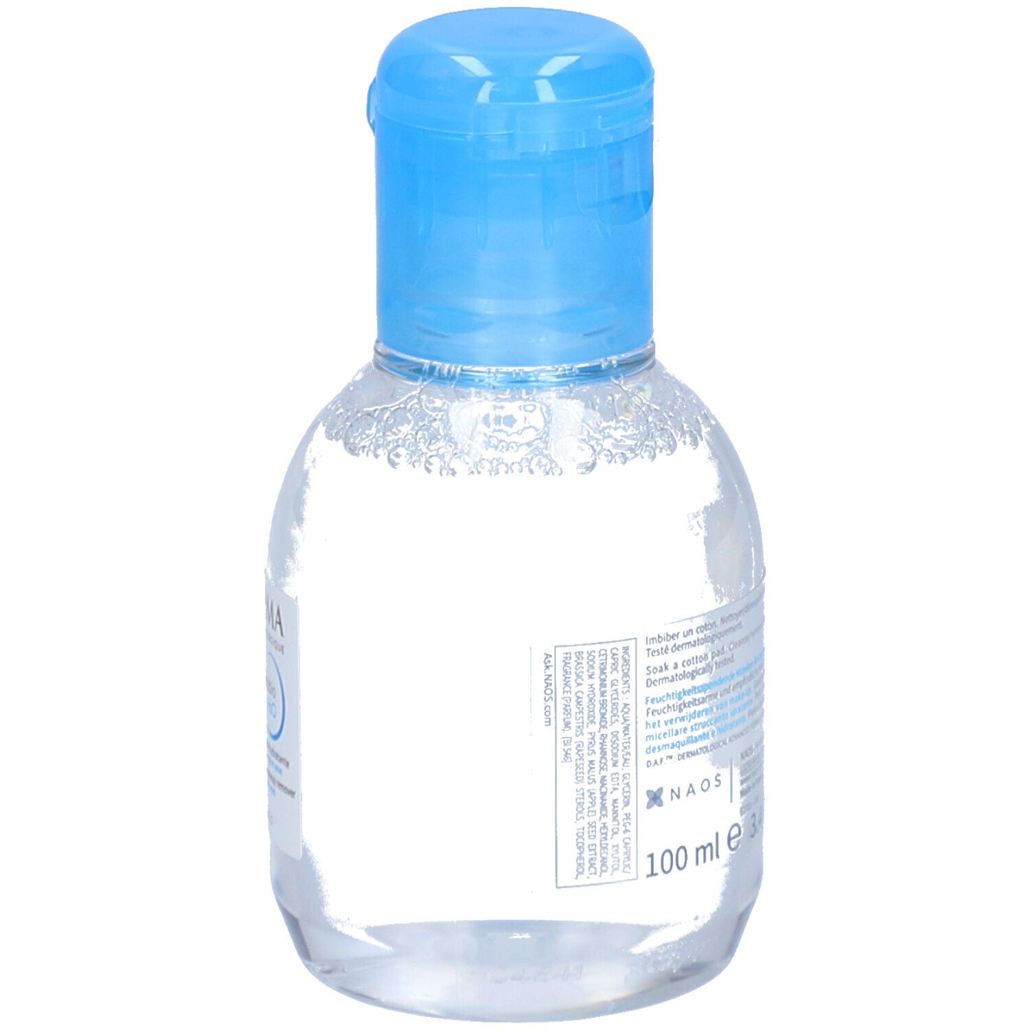 Klare Flasche mit blauem Deckel. Rückseite mit Text. BIODERMA Hydrabio H2O. 100 ml.