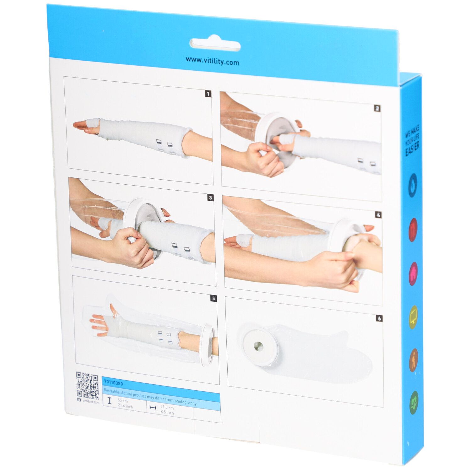 Rückseite der Verpackung VITILITY Duschschutz Arm Kind. Illustrationen zeigen die Anwendung. Auf der Verpackung steht "www.vitility.com".