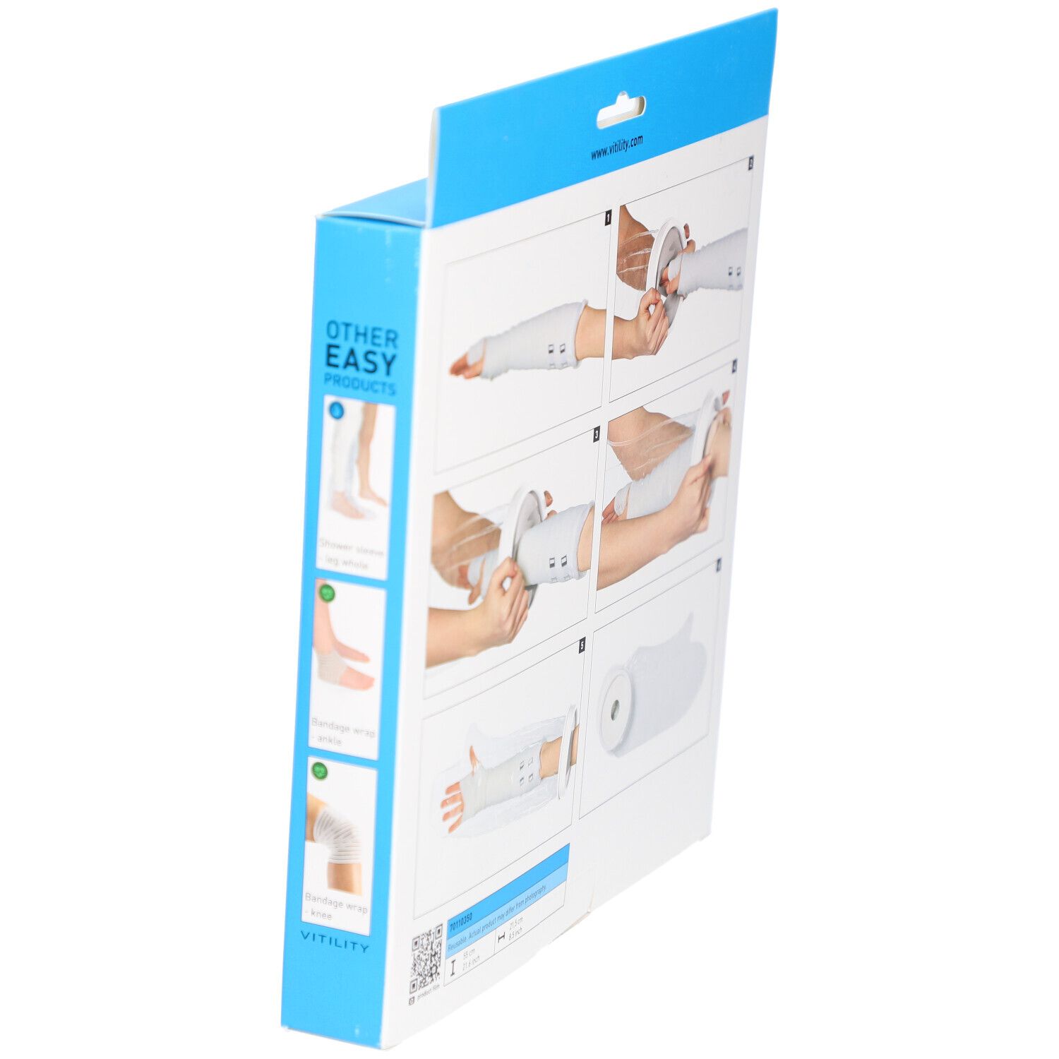 Seitenansicht der Verpackung VITILITY Duschschutz Arm Kind. Illustrationen zeigen die Anwendung. Auf der Verpackung steht "OTHER EASY PRODUCTS".