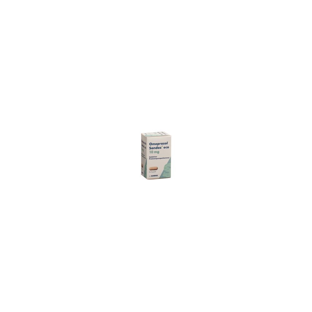 Karton mit OMEPRAZOL Sandoz eco Kaps 10 mg. Aufdruck mit Produktname, Dosierung und Herstellerlogo. Verpackung mit hellen Farben.
