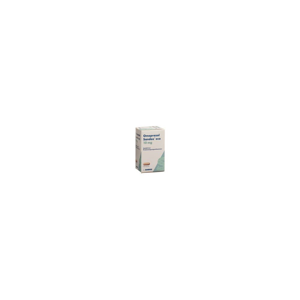Karton mit OMEPRAZOL Sandoz eco Kaps 10 mg. Weißer Karton mit blauer und grüner Grafik. Text: OMEPRAZOL Sandoz eco 10 mg.