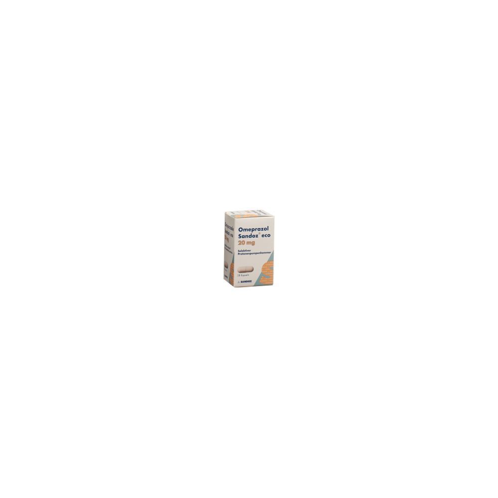 Kartonverpackung mit der Aufschrift "Omeprazol Sandoz eco 20 mg".