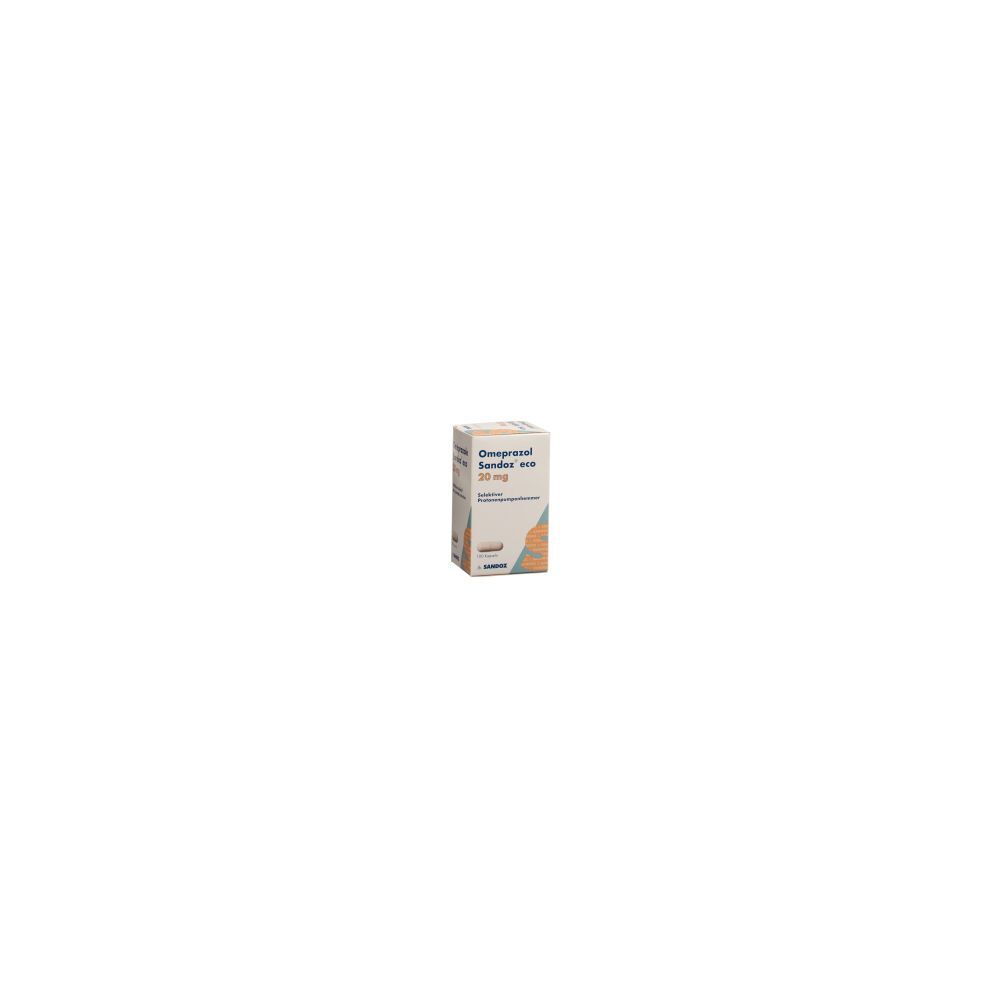Kartonverpackung mit Produktinformationen. Beschriftung: Omeprazol Sandoz eco Kaps 20 mg. Farbgebung: Weiß, Beige, Orange.