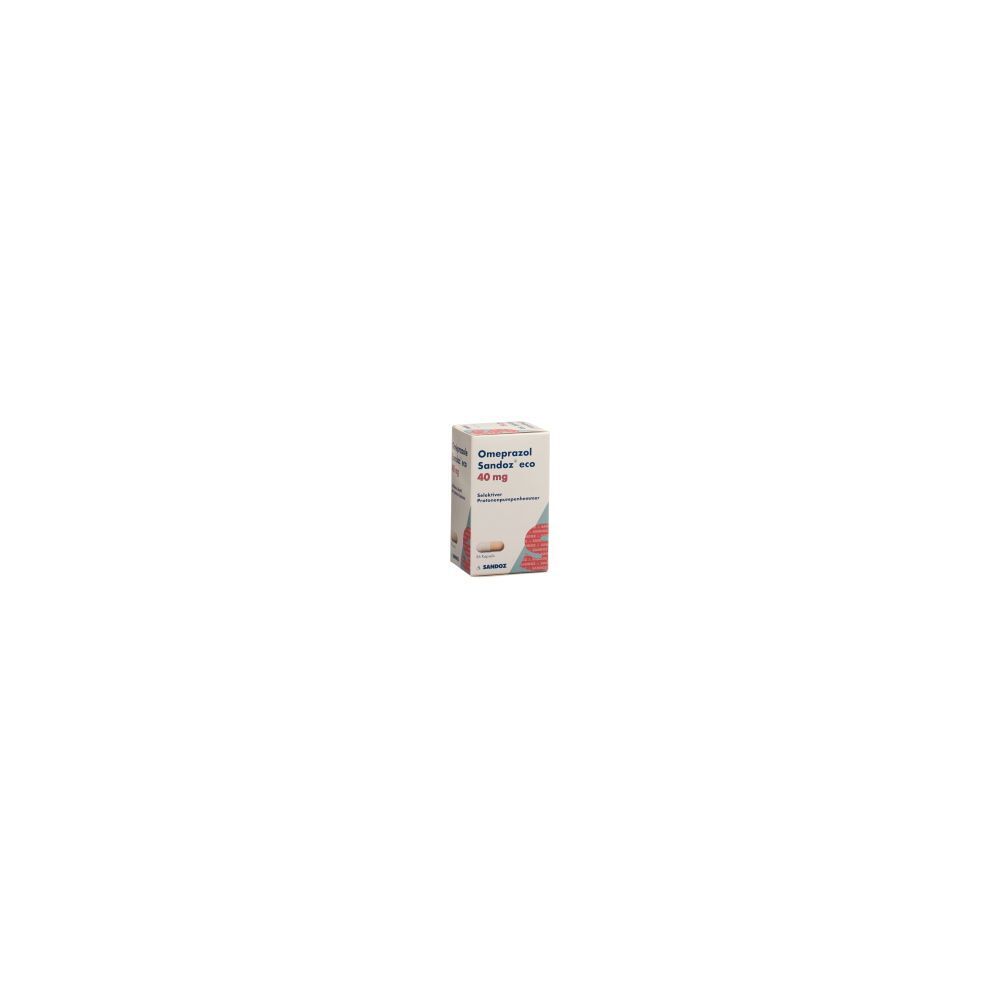 Karton von OMEPRAZOL Sandoz eco Kaps 40 mg. Aufdruck mit Produktname, Dosierung und Herstellerlogo. Rote und beige Farbgebung.