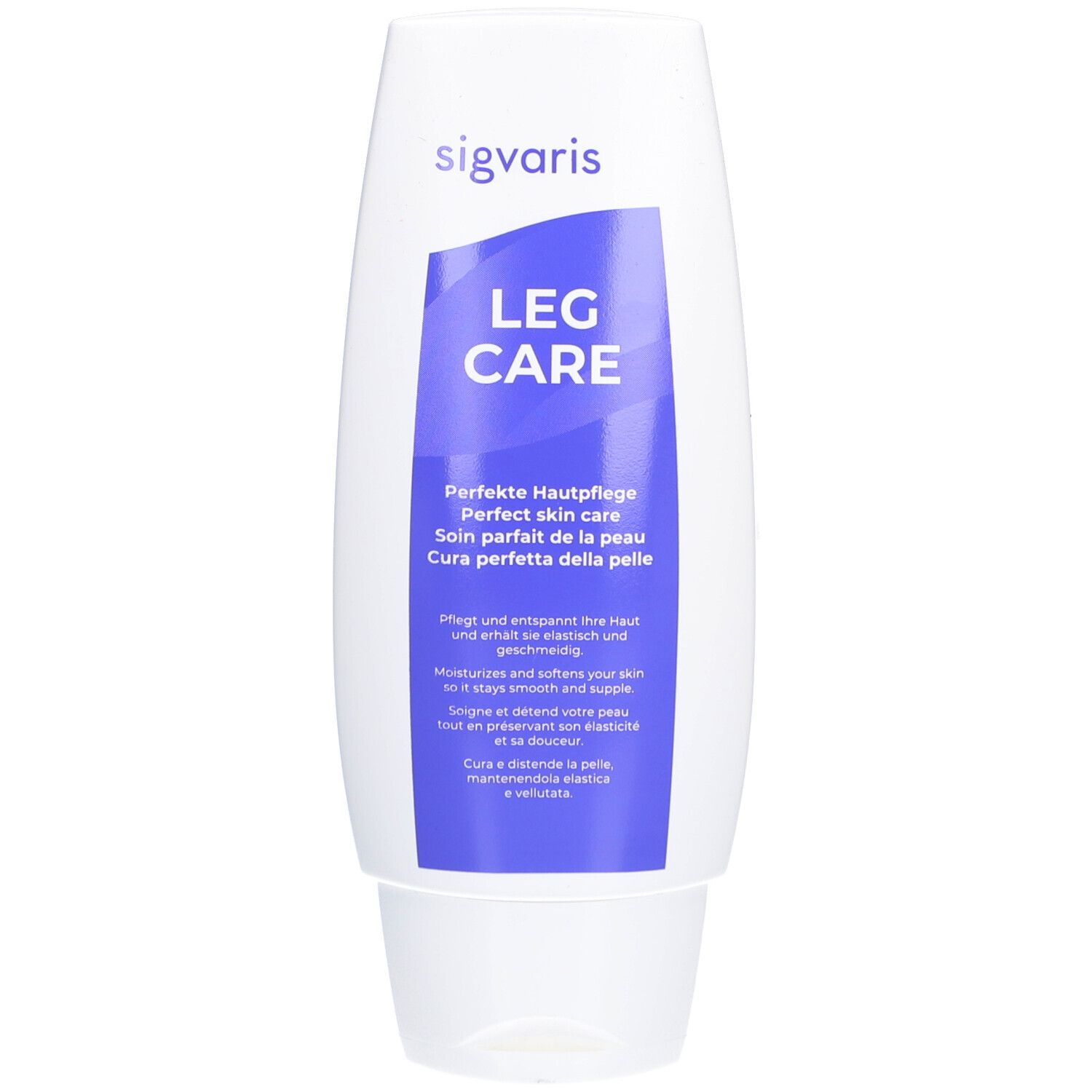 Weisse Tube mit blauem Etikett. Aufschrift: LEG CARE, Perfect Skin care. Enthält Text in Deutsch, Englisch, Französisch und Italienisch.