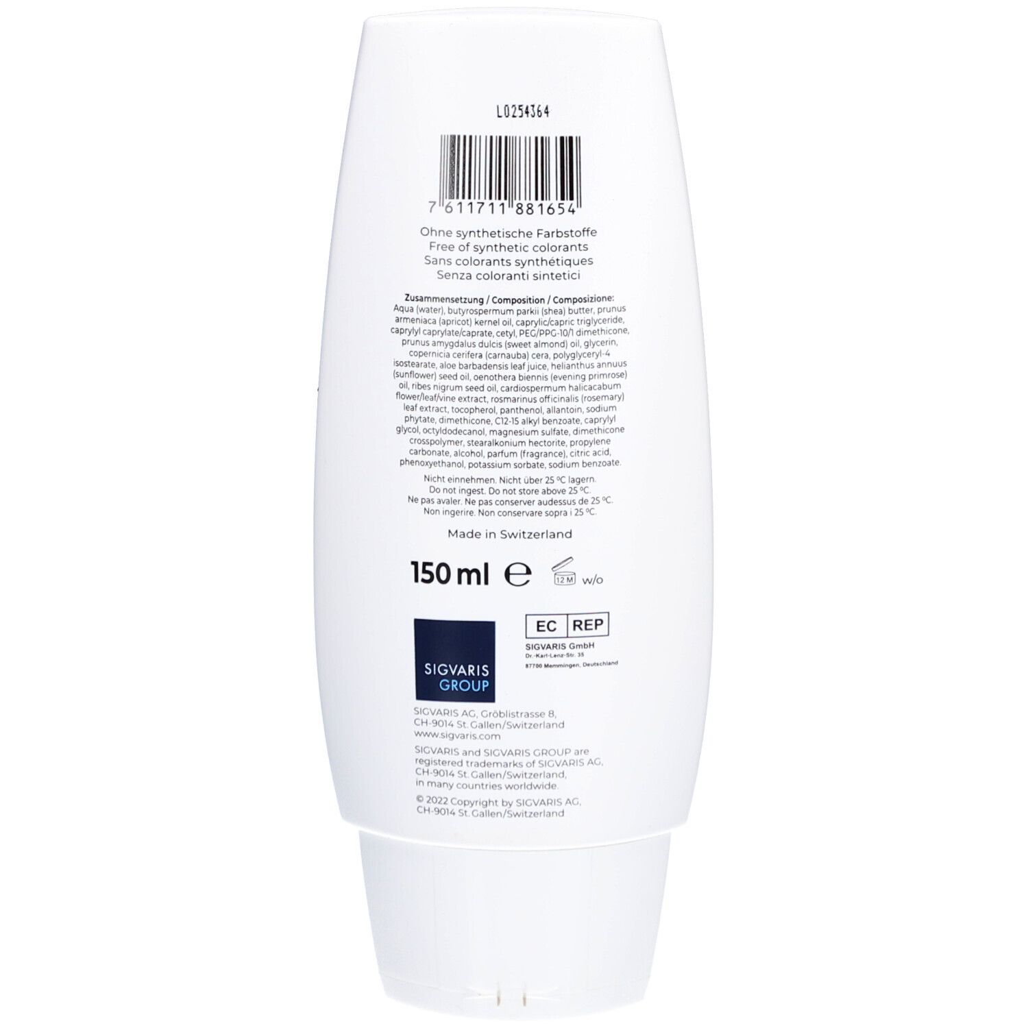 Rückseite der Tube. Enthält Barcode, Inhaltsstoffe, Herstellerinformationen und die Aufschrift '150 ml e'.