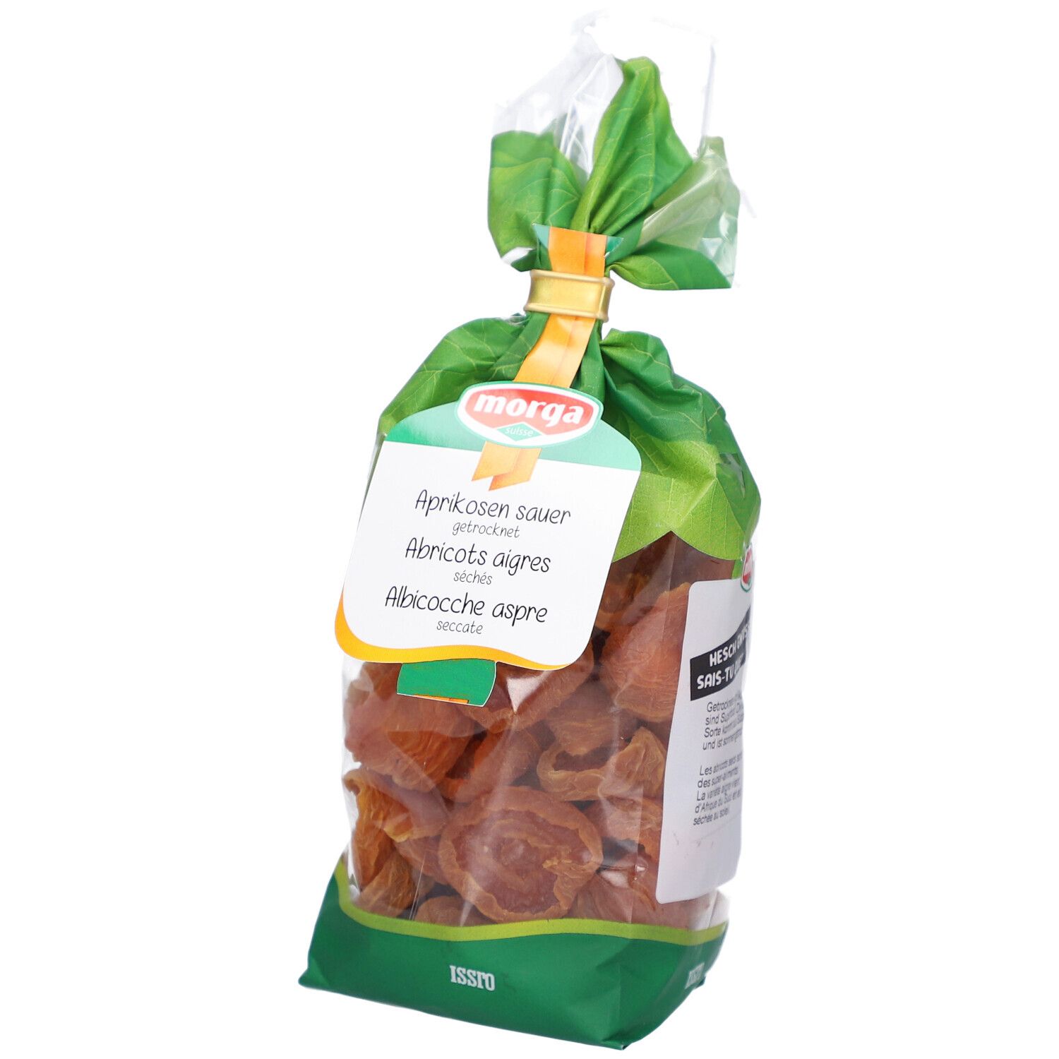 Klarsichtbeutel mit getrockneten Aprikosen. Grün-weiße Verpackung mit Produktbezeichnung und Logo.