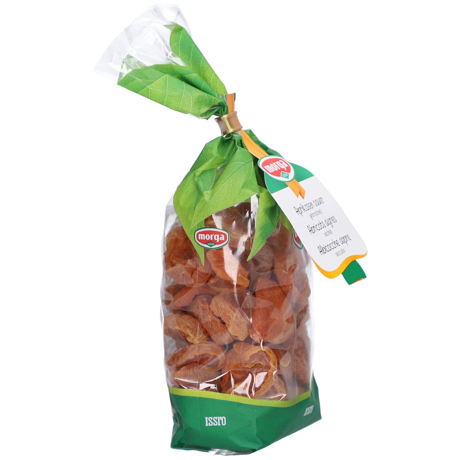 Klarsichtbeutel mit getrockneten Aprikosen. Grün-weiße Verpackung mit Produktbezeichnung und Logo.