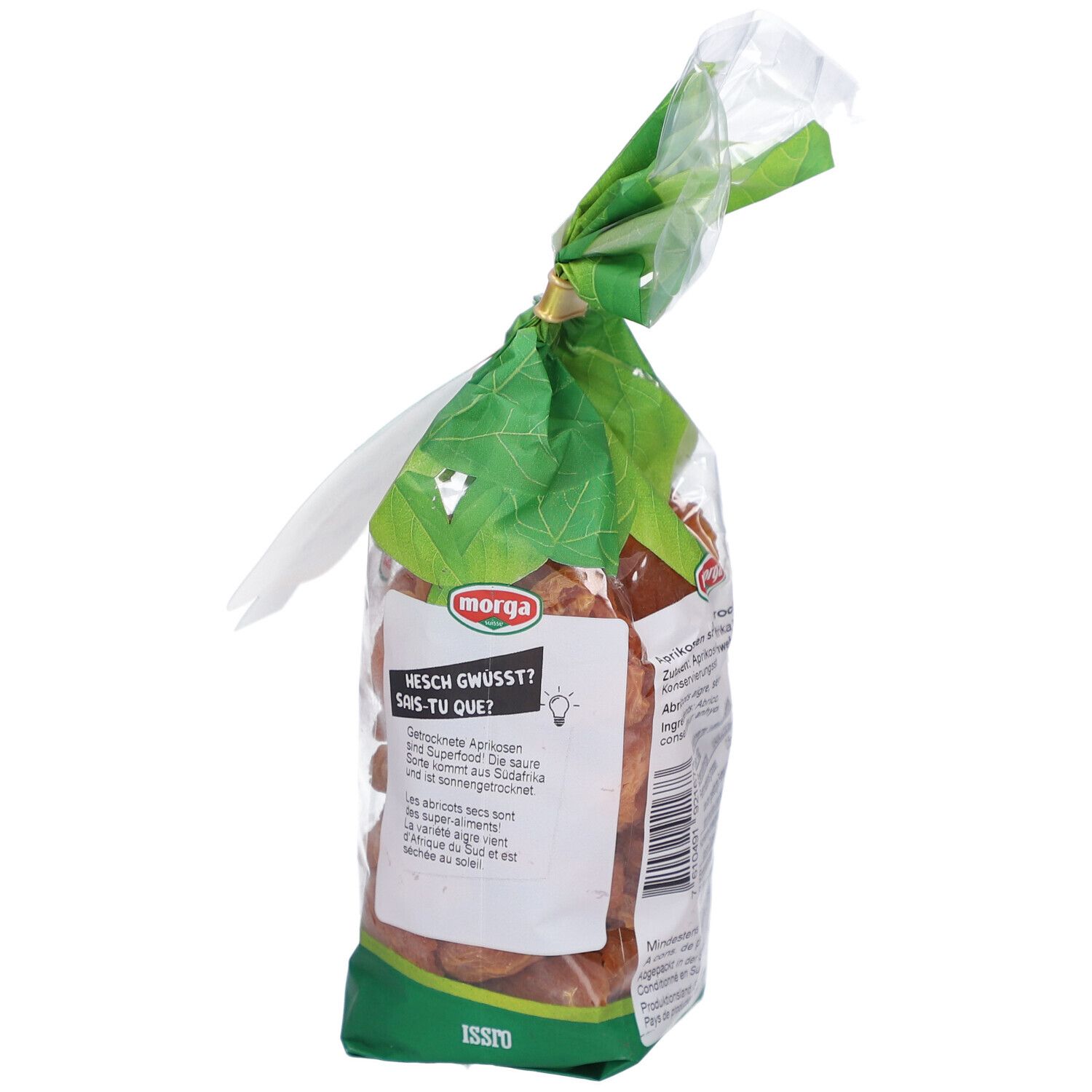 Beutel mit getrockneten Aprikosen, von der Seite. Grün-weiße Verpackung mit Text und Logo.