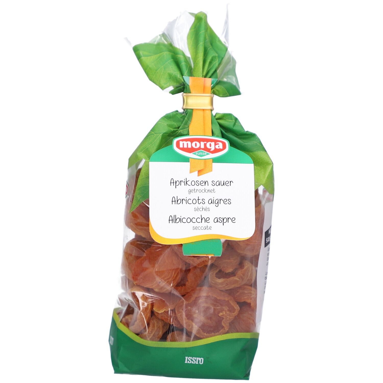 Klarsichtbeutel mit getrockneten Aprikosen. Grün-weiße Verpackung mit Produktbezeichnung und Logo.