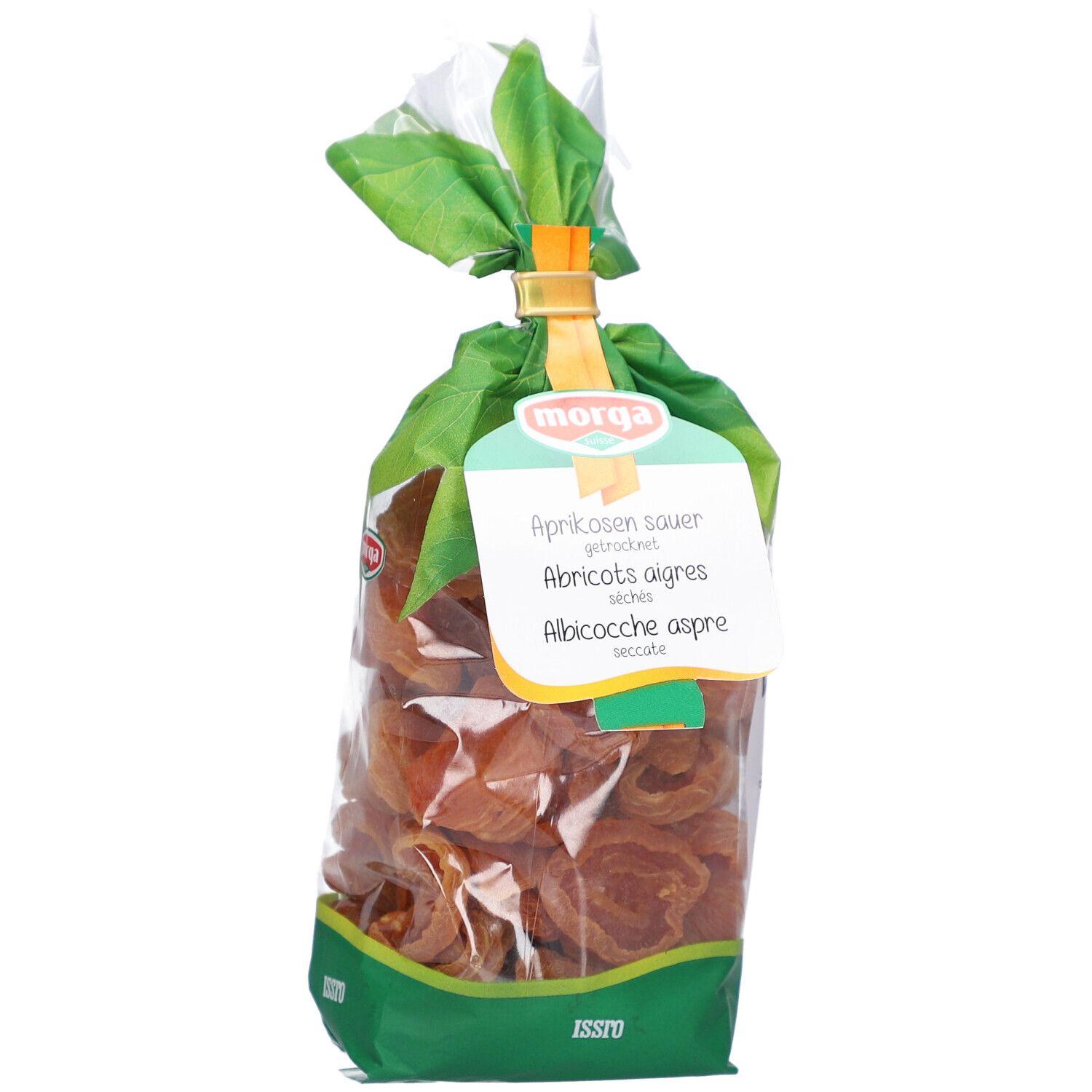 Klarsichtbeutel mit getrockneten Aprikosen. Grün-weiße Verpackung mit Produktbezeichnung und Logo.