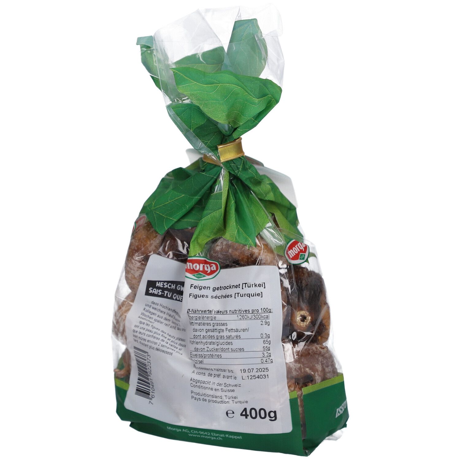 Rückseite der MORGA getrockneten Feigen. Transparente Verpackung mit Produktinformationen und Nährwertangaben.