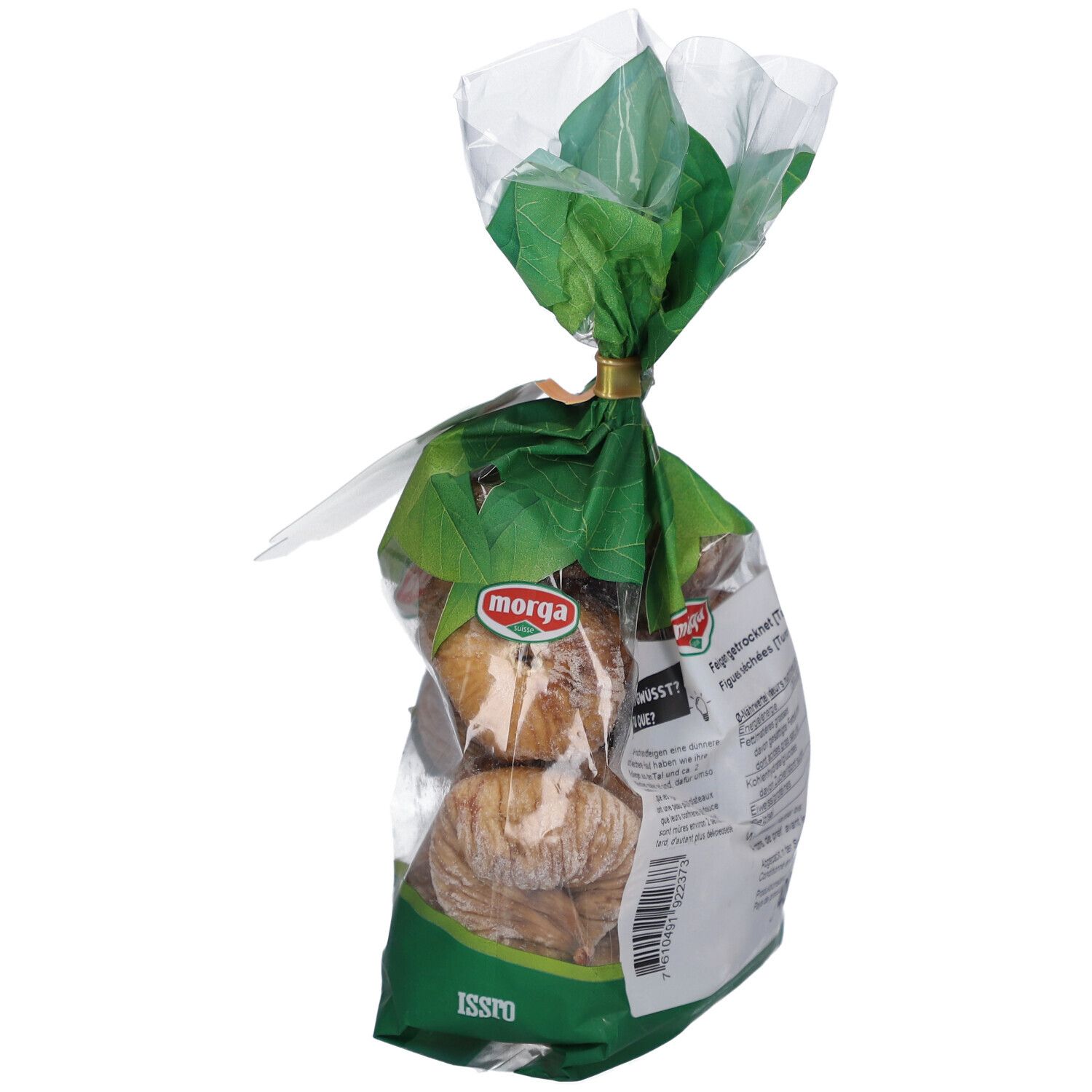 MORGA getrocknete Feigen in transparenter Verpackung. Seitenansicht mit Produktinformationen.