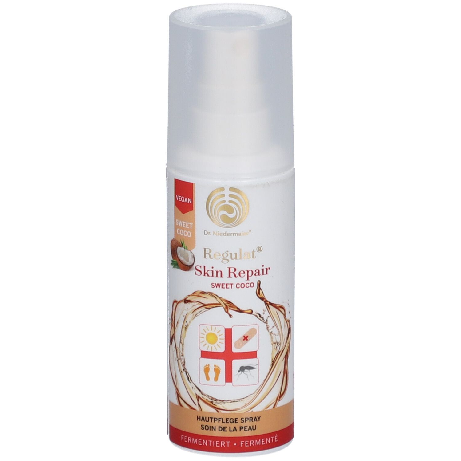 Hautpflegespray mit Sprühkopf. Vegan. Aufschrift: Regulat Skin Repair Sweet Coco. Abbildung: Kokosnuss, Sonne, Pflaster, Fuß.