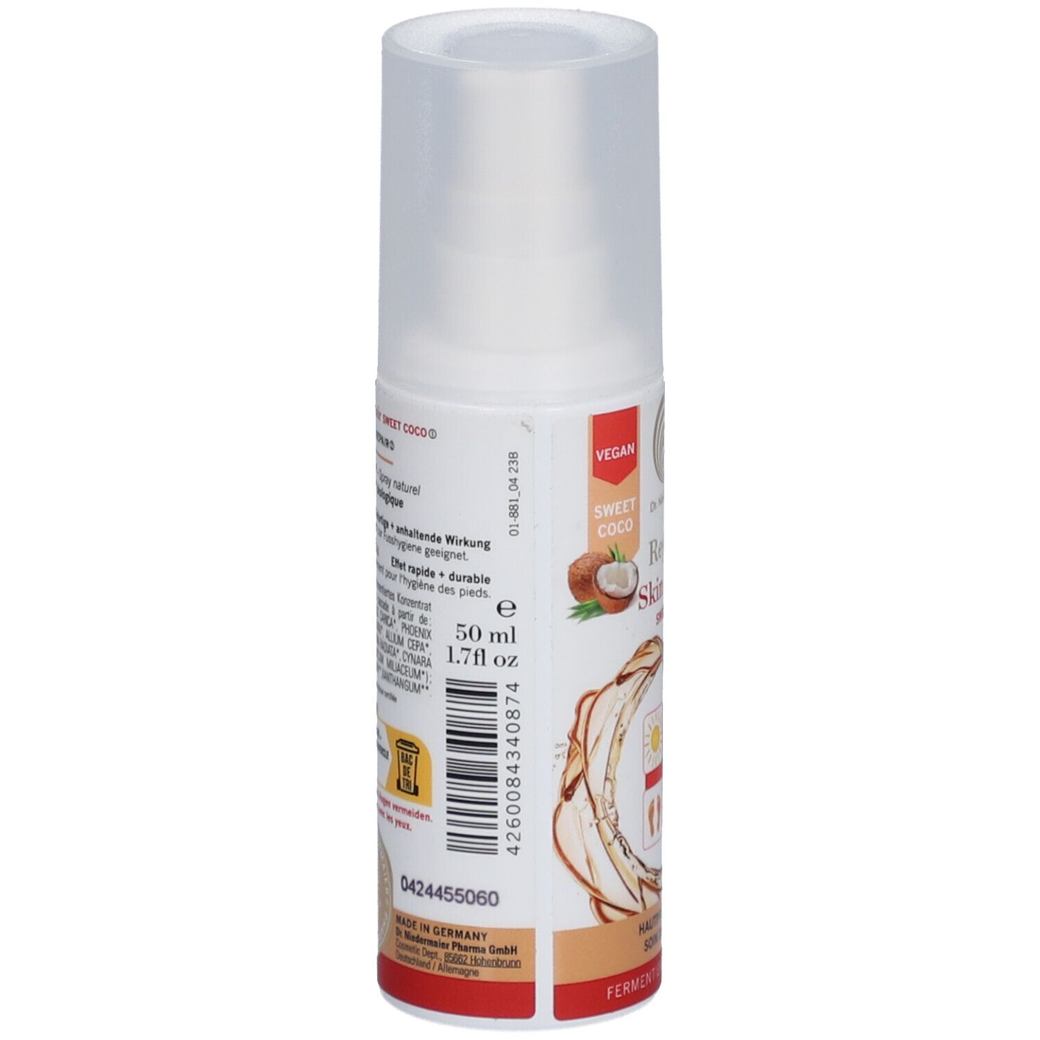 Hautpflegespray. Rückseite mit Produktinformationen. Vegan. Aufschrift: Regulat Skin Repair Sweet Coco. 50 ml, 1.7 fl oz.