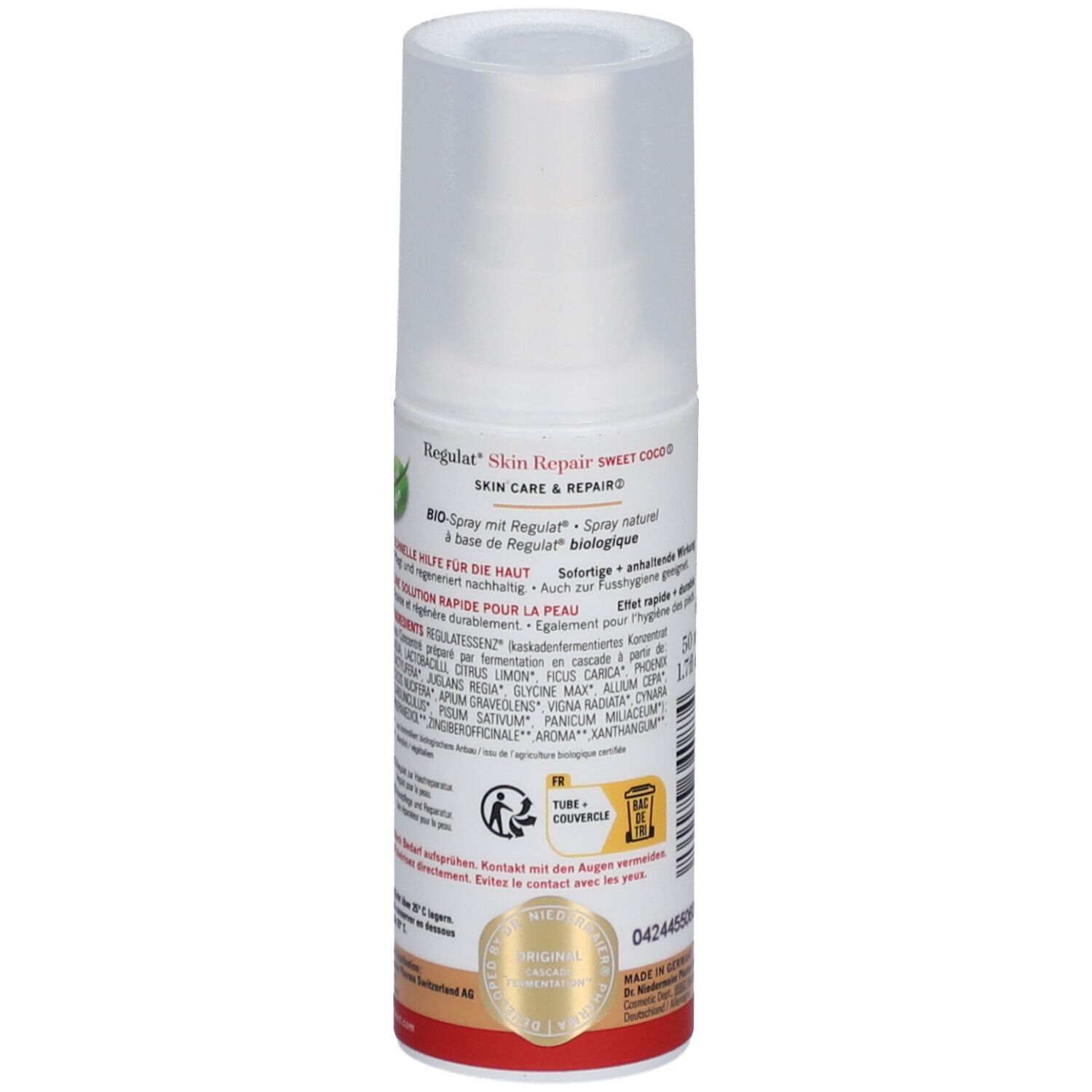 Hautpflegespray. Rückseite mit Produktinformationen. Bio-Siegel. Aufschrift: Regulat Skin Repair Sweet Coco. Zutatenliste.