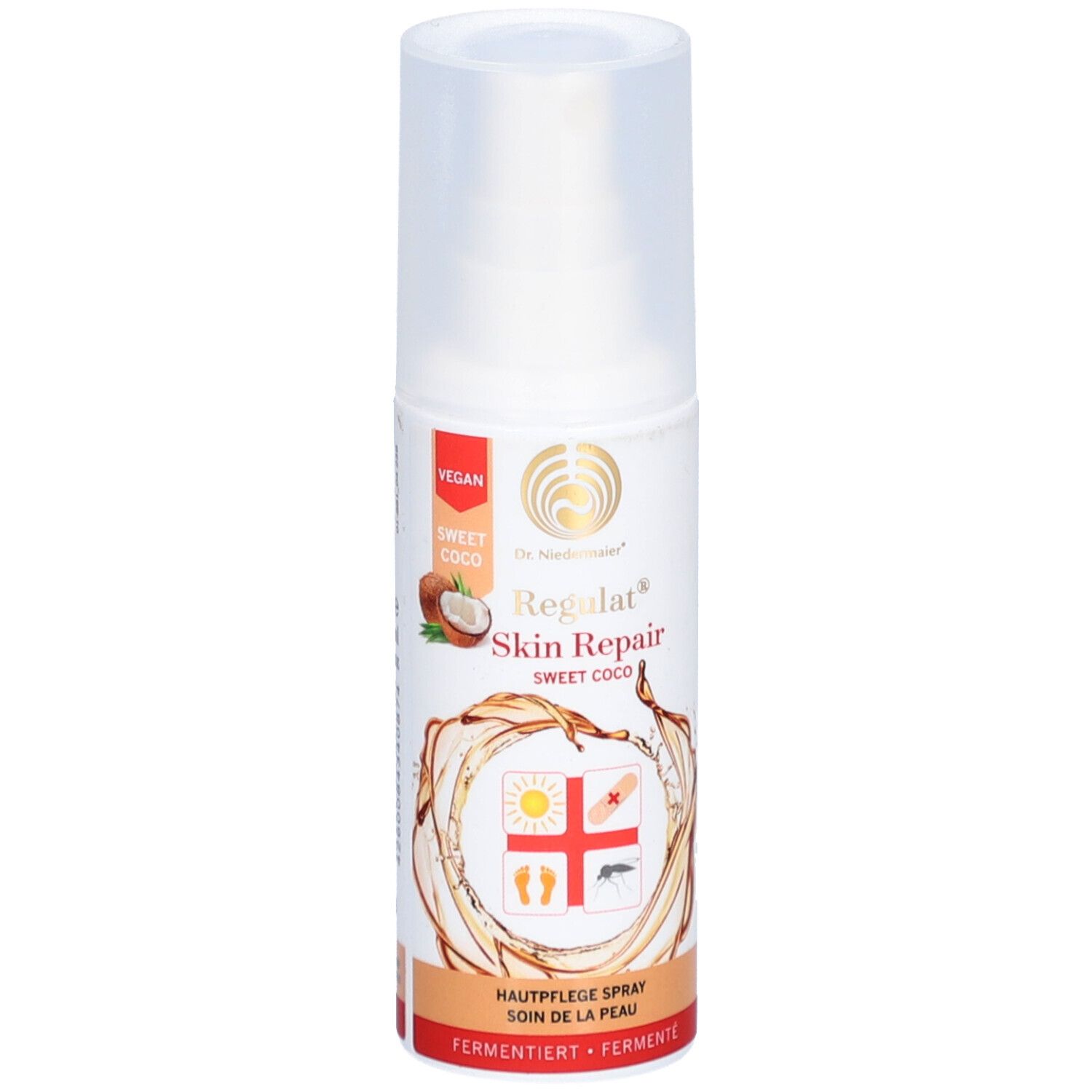 Hautpflegespray mit Sprühkopf. Vegan. Aufschrift: Regulat Skin Repair Sweet Coco. Abbildung: Kokosnuss, Sonne, Pflaster, Fuß.