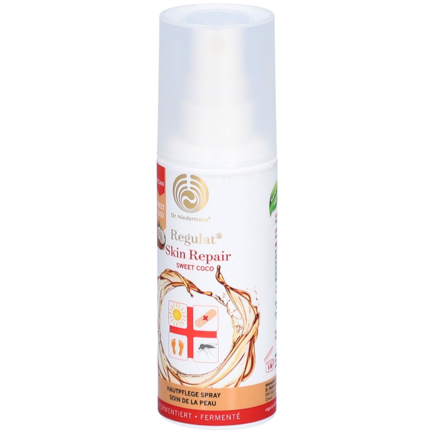 Hautpflegespray mit Sprühkopf. Vegan. Aufschrift: Regulat Skin Repair Sweet Coco. Abbildung: Kokosnuss, Sonne, Pflaster, Fuß.