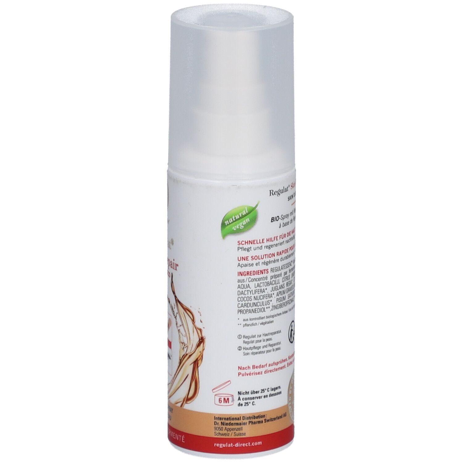 Hautpflegespray. Rückseite mit Produktinformationen. Vegan. Aufschrift: Regulat Skin Repair Sweet Coco. 6M-Symbol.