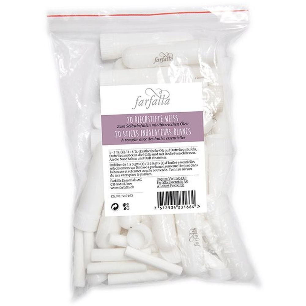 Sachet de 20 inhalateurs blancs farfalla. Inscription : "20 inhalateurs blancs aux huiles essentielles".