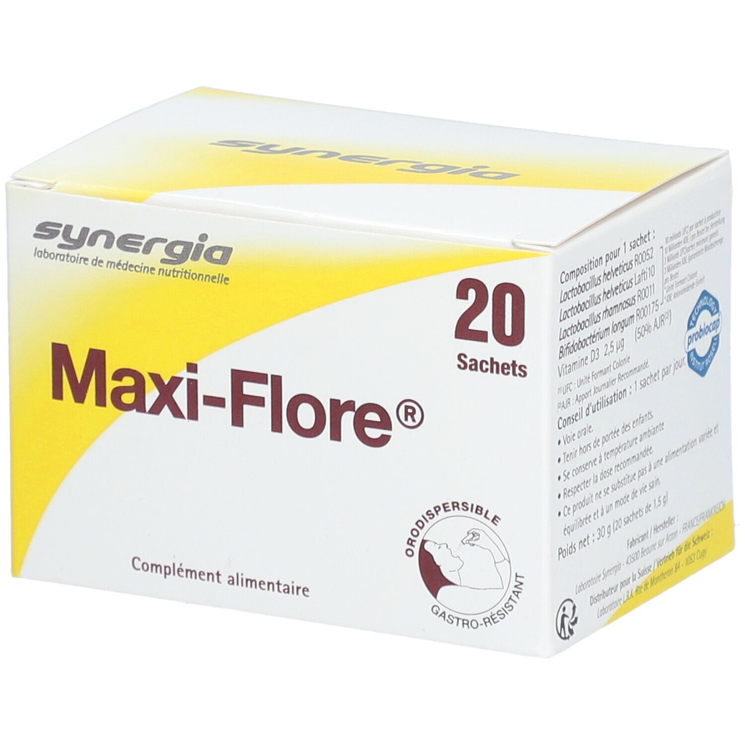 Weißer Karton mit gelbem Akzent. Aufschrift 'Maxi-Flore®' und '20 Sachets'. Marke: Synergia.