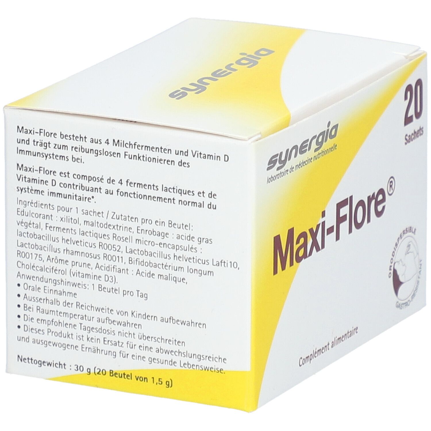 Weißer Karton mit gelbem Akzent. Aufschrift 'Maxi-Flore®' und '20 Sachets'. Marke: Synergia. Text über Inhaltsstoffe.