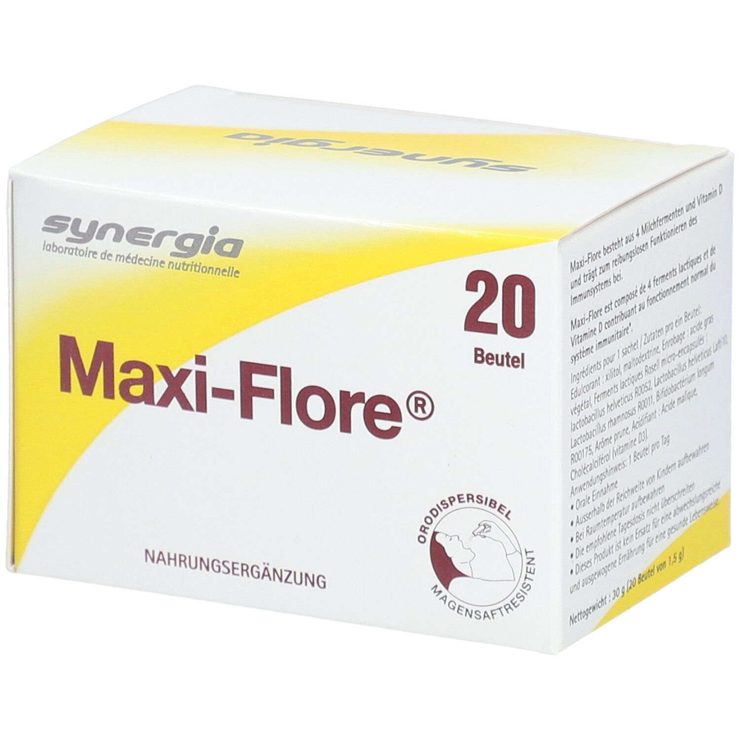 Weißer Karton mit gelbem Akzent. Aufschrift 'Maxi-Flore®' und '20 Beutel'. Marke: Synergia. Nahrungsergänzung.