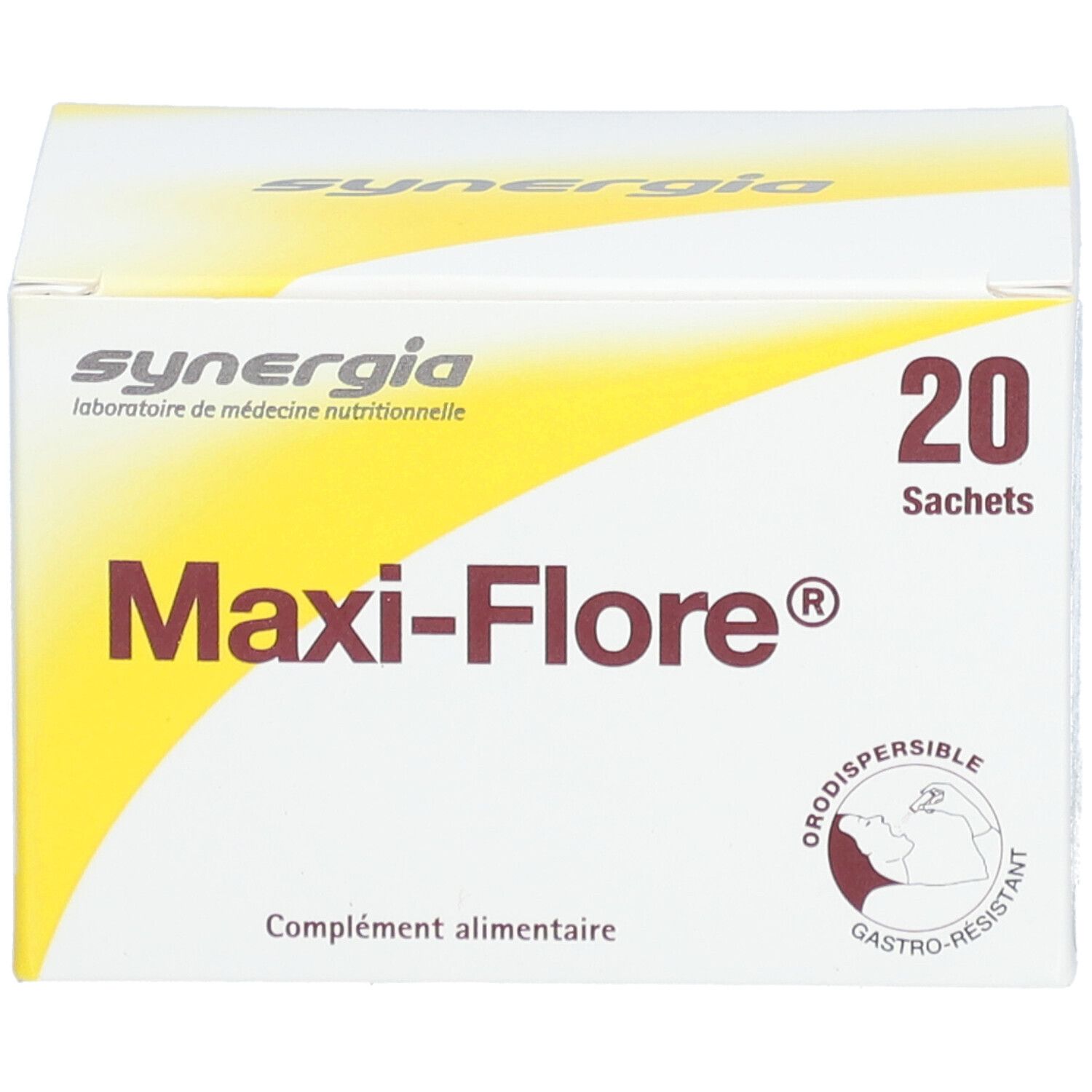 Weißer Karton mit gelbem Akzent. Aufschrift 'Maxi-Flore®' und '20 Sachets'. Marke: Synergia. Gastro-resistent.