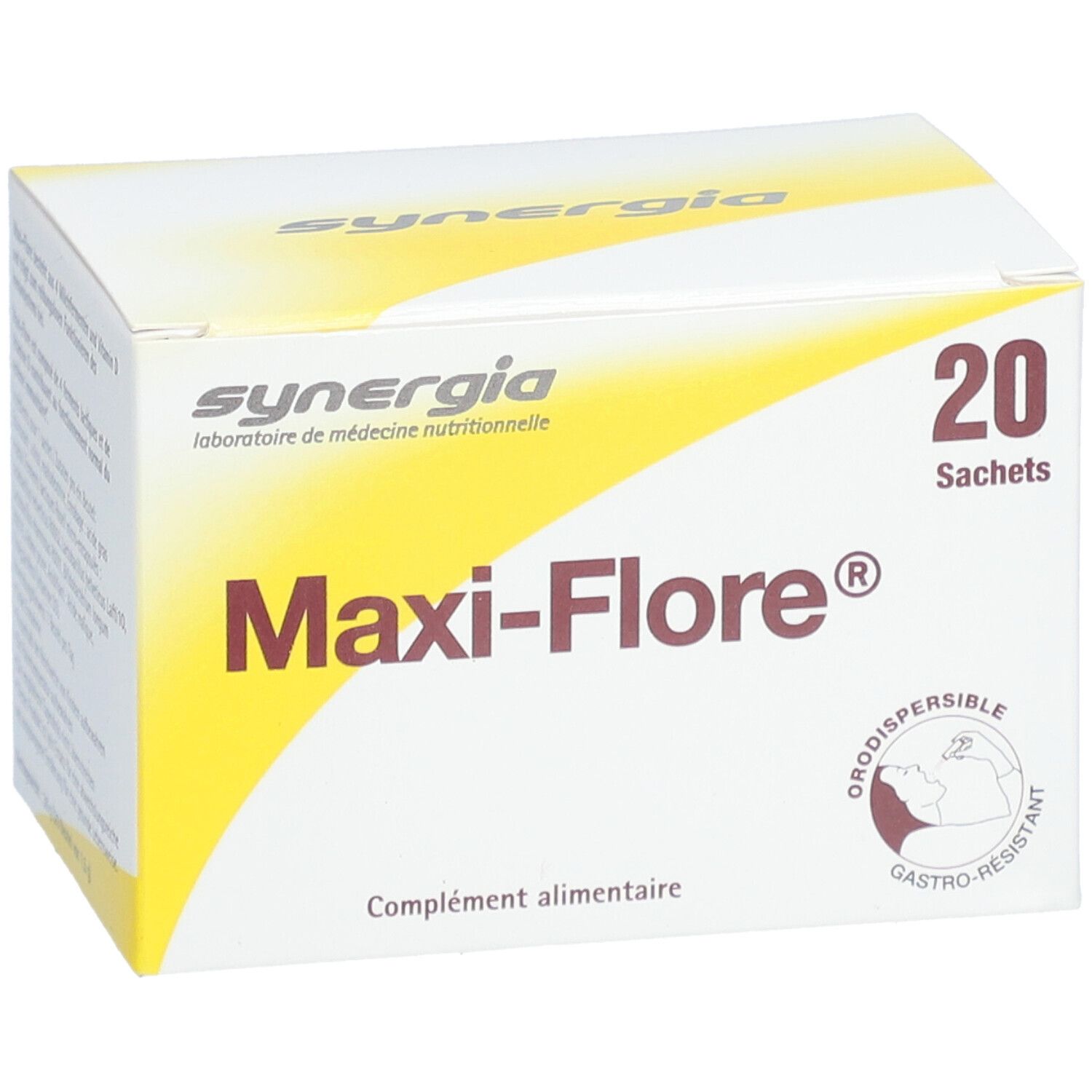 Weißer Karton mit gelbem Akzent. Aufschrift 'Maxi-Flore®' und '20 Sachets'. Marke: Synergia. Gastro-resistent.