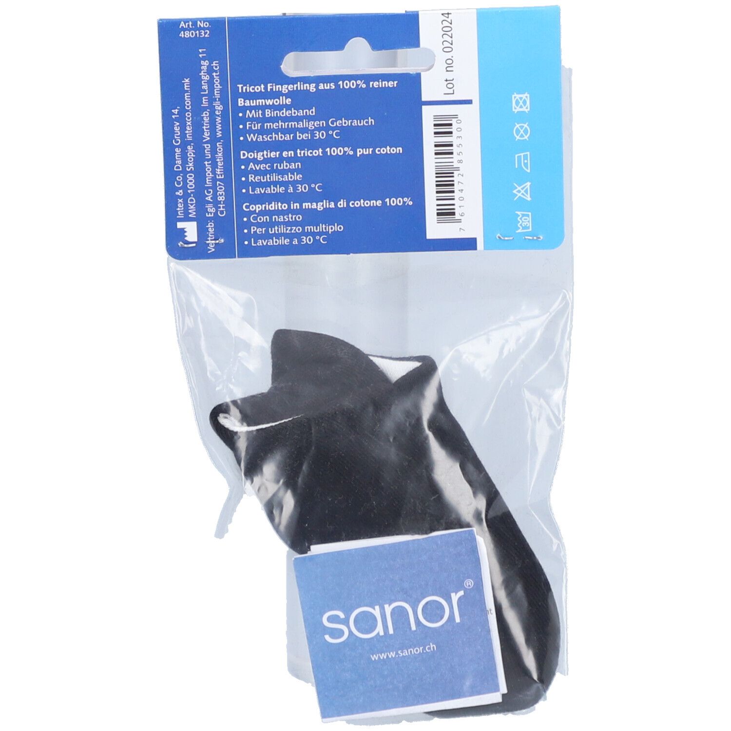 Rückseite der Verpackung des SANOR Fingerling Tricot L. Text in Deutsch, Französisch und Italienisch.