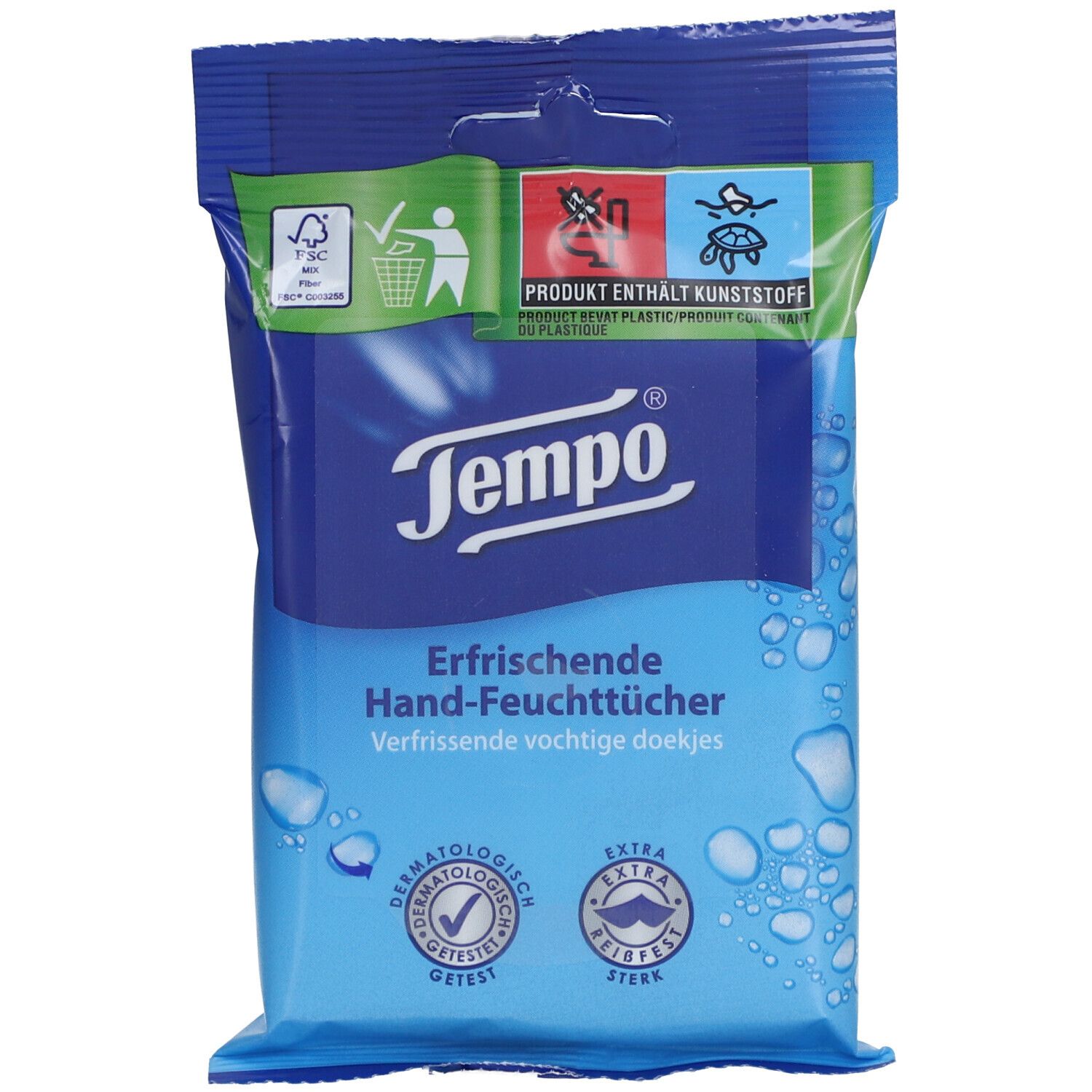 Blaues Tempo®-Pack mit Feuchttüchern. Text: Erfrischende Hand-Feuchttücher. Logos: Dermatologisch getestet, extra reißfest.