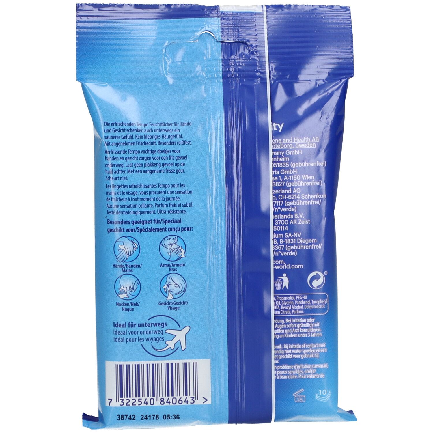 Rückseite des blauen Tempo®-Packs. Text: Ideal für unterwegs. Logos: Hände waschen, Gesicht, etc. Barcode und Text.
