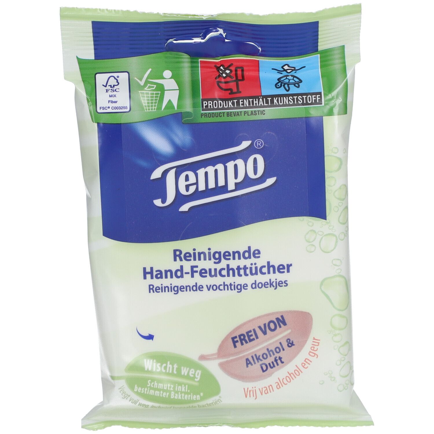 Paquet de lingettes humides. Logo Tempo. Texte: Lingettes nettoyantes pour les mains. Sans alcool et parfum. Label FSC. Le produit contient du plastique.