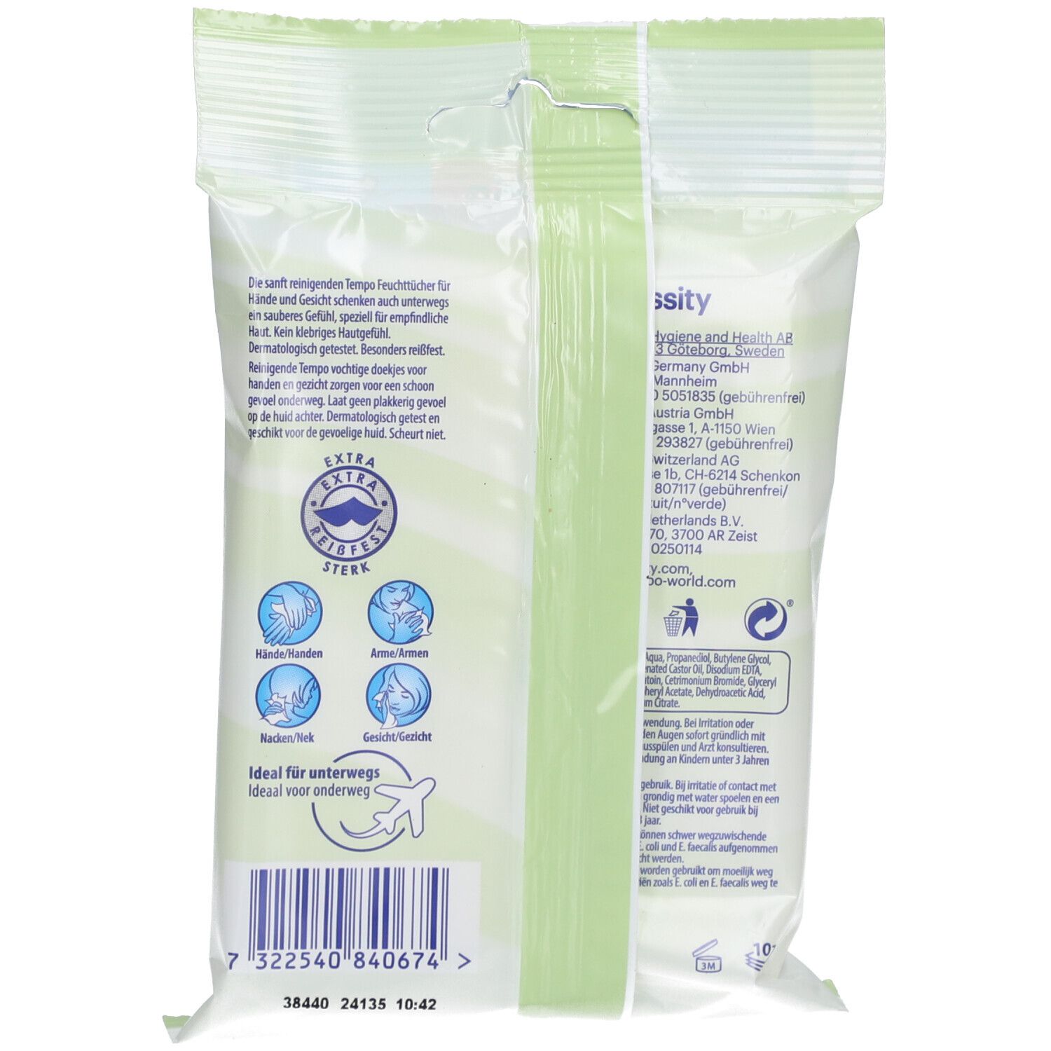 Dos du paquet de lingettes. Texte: Extra force. Pictogrammes: Nettoyage des mains, aisselles, visage. Texte: Idéal pour les déplacements.