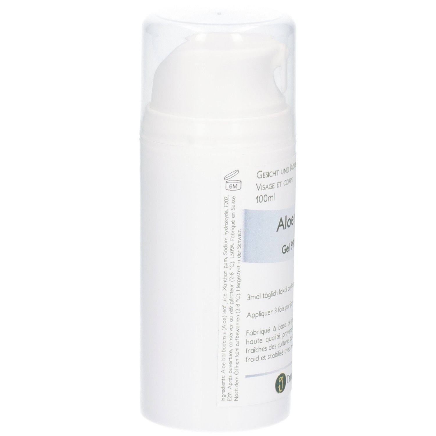 Flacon blanc avec pompe, vue latérale. Contient du Gel d'Aloe Vera 99% pur, Bio.