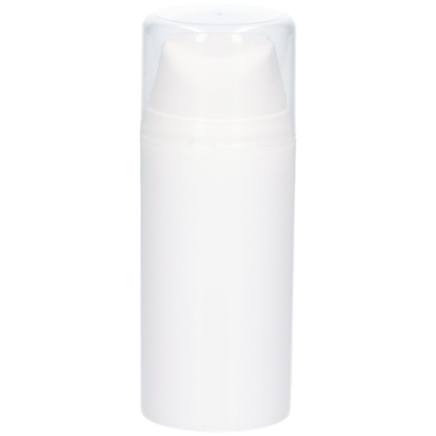 Flacon blanc avec pompe et capuchon transparent, vue de face.