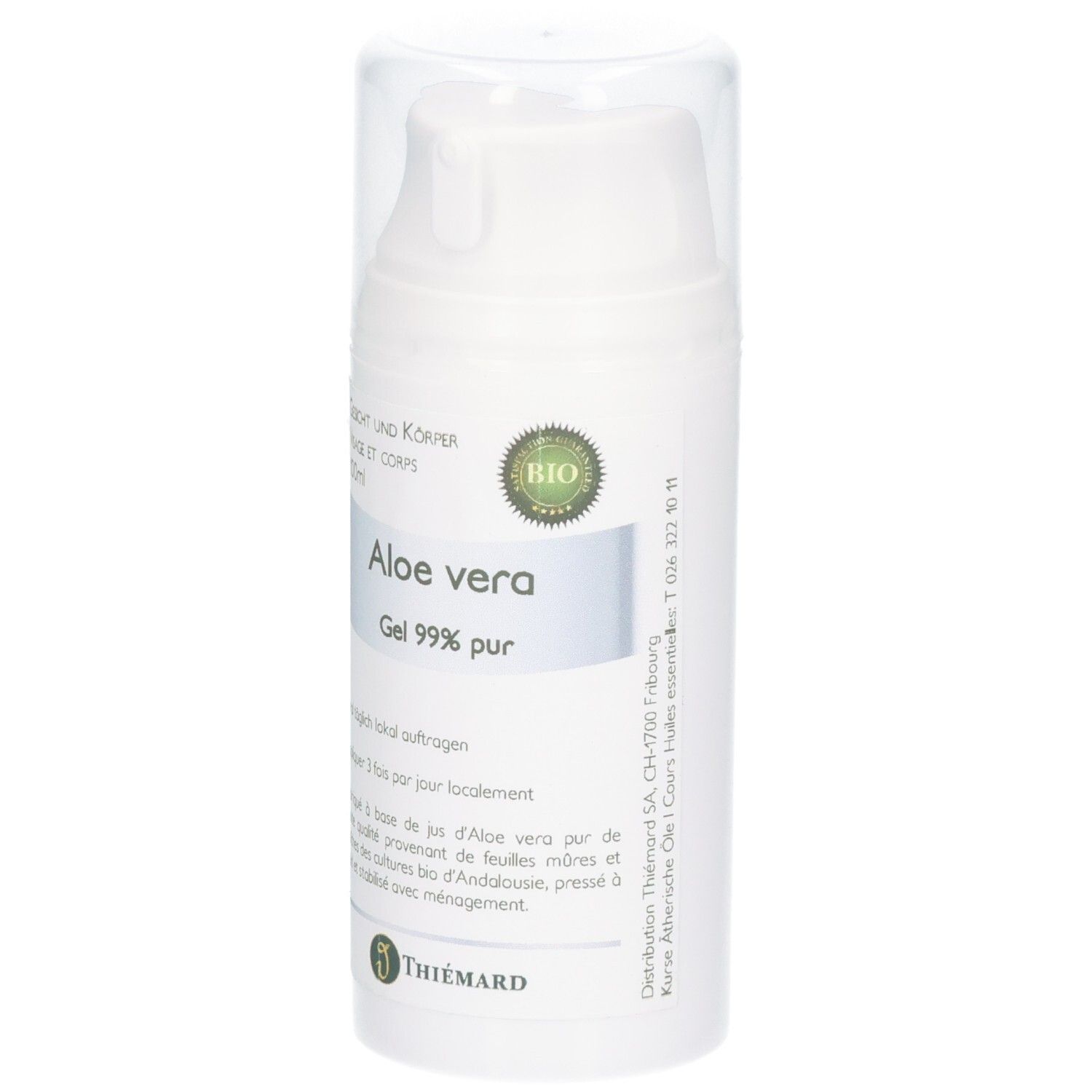 Flacon blanc avec pompe et capuchon transparent. Gel d'Aloe Vera 99% pur, Bio.