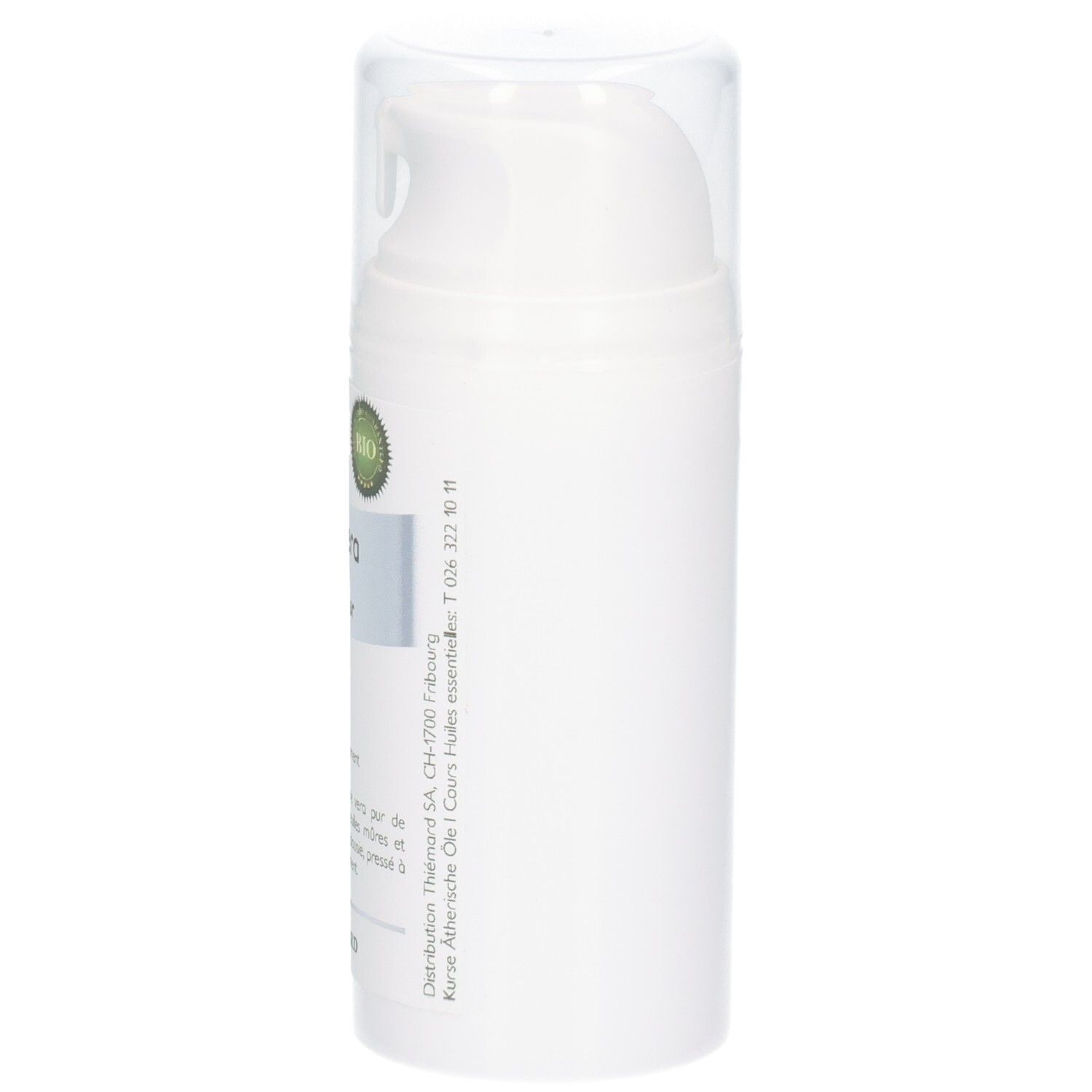 Flacon blanc avec pompe, vue latérale. Contient du Gel d'Aloe Vera 99% pur, Bio.