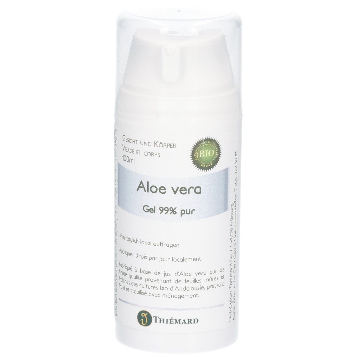 Flacon blanc avec pompe et capuchon transparent. Gel d'Aloe Vera 99% pur, Bio.