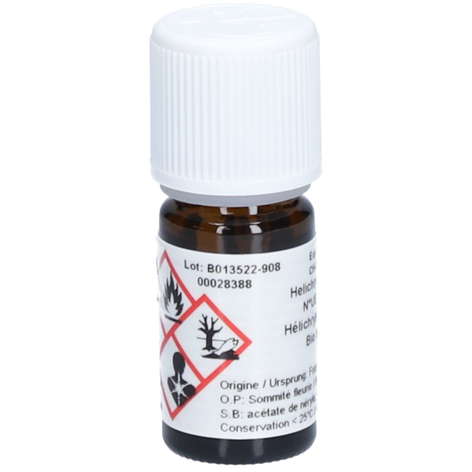 Braune Glasflasche mit weißem Deckel. Etikett mit Gefahrensymbolen. Text: Helichrysum italicum, Bio Immortelle.