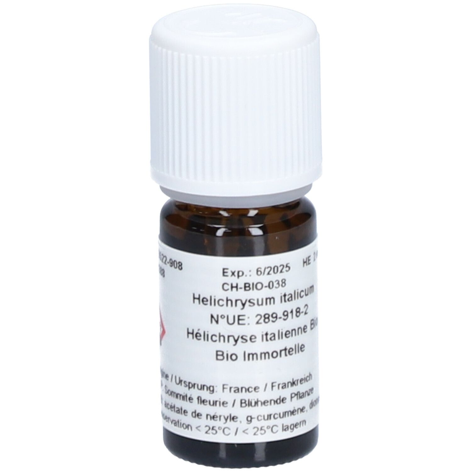Braune Glasflasche mit weißem Deckel. Etikett mit Text: Helichrysum italicum, Bio Immortelle. CH-BIO-038.
