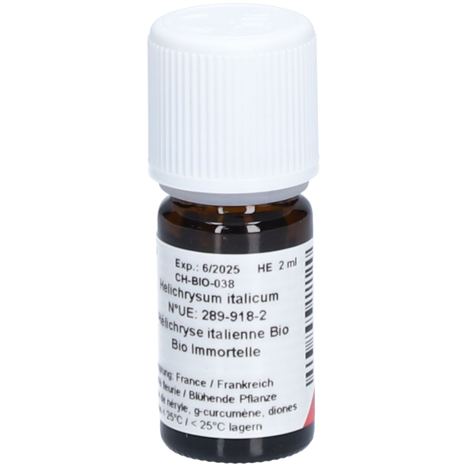 Braune Glasflasche mit weißem Deckel. Etikett mit Text: Helichrysum italicum, Bio Immortelle. HE 2 ml.