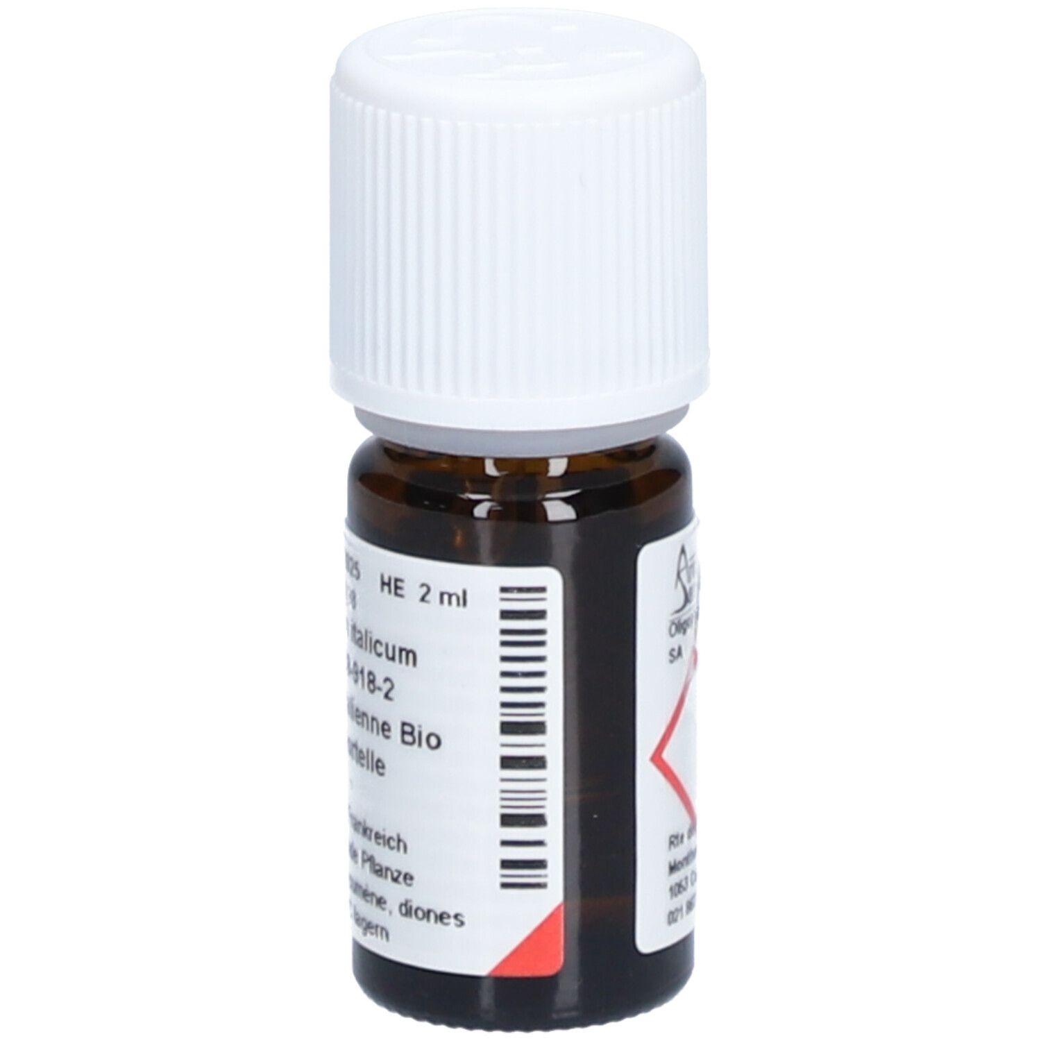 Braune Glasflasche mit weißem Deckel. Etikett mit Text: Helichrysum italicum, Bio Immortelle. HE 2 ml.