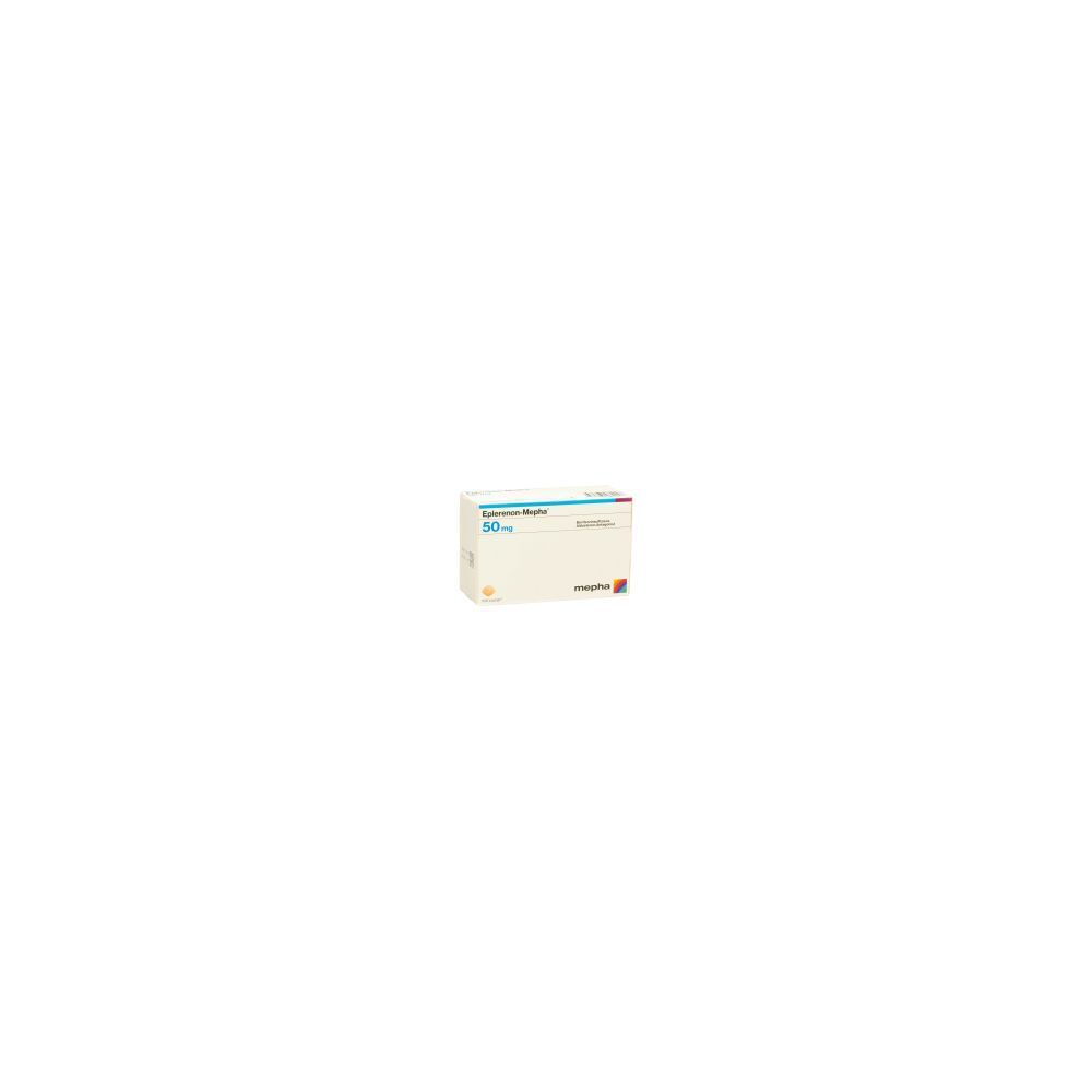 Karton von EPLERENON Mepha Filmtabl 50 mg. Aufschrift: 50 mg, Mepha. Rechteckige Verpackung, weiß mit blauen und roten Akzenten.