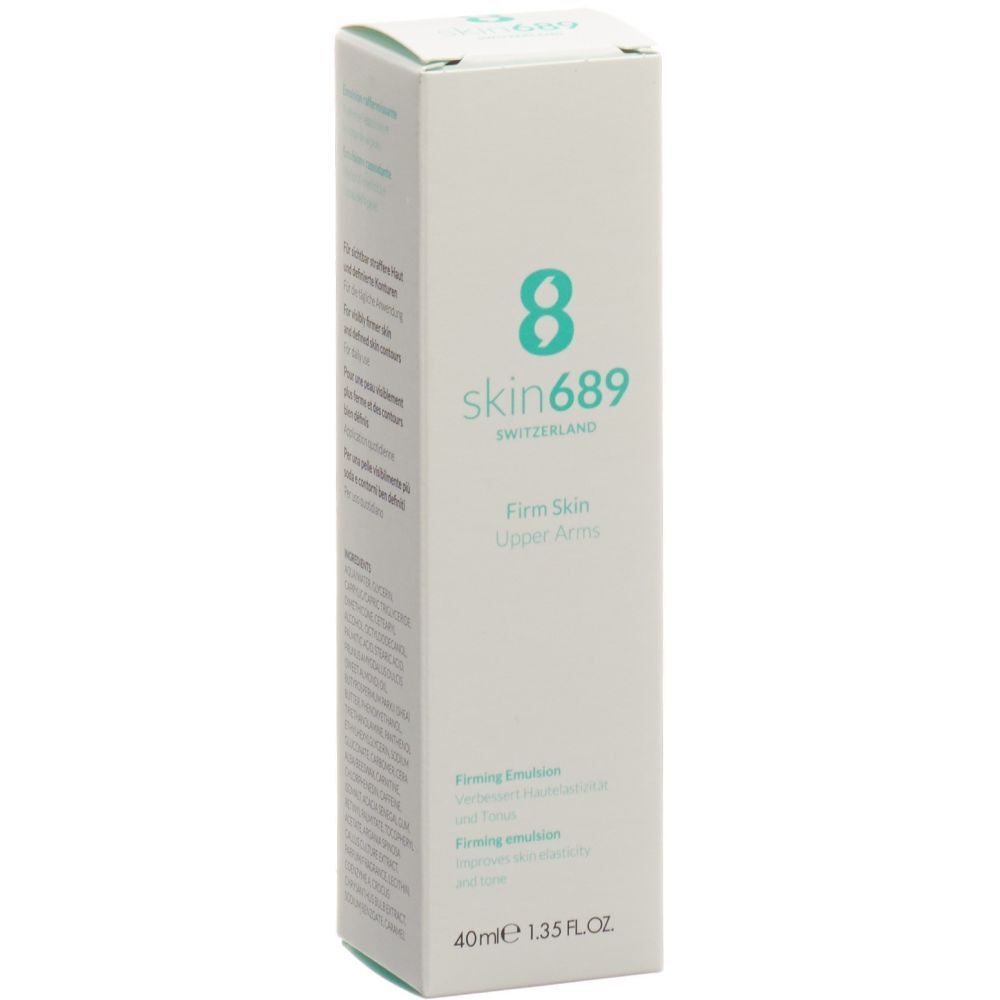 Boîte blanche Skin689 Firm Skin Upper Arms. Texte et logo turquoise. 40ml.