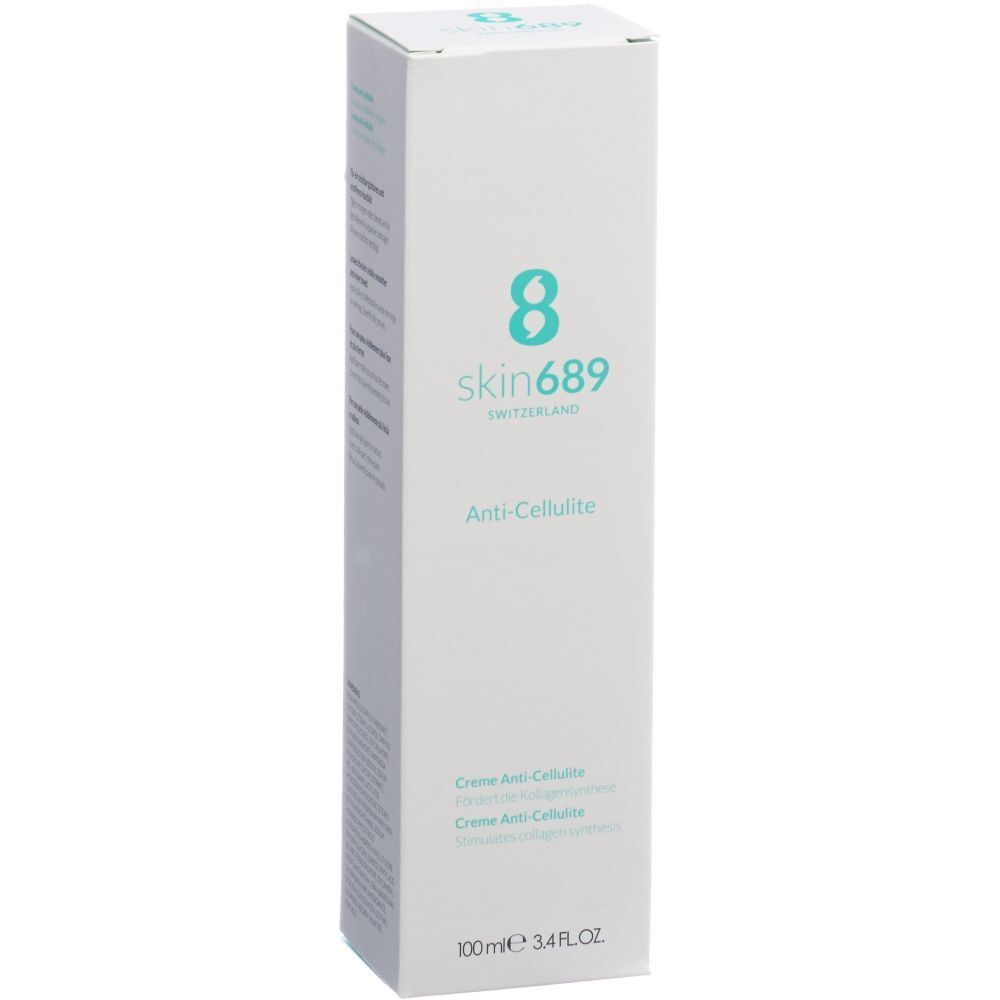 Weiße Verpackung mit Produkt Skin689 Anti-Cellulite Creme. Logo und Produktbezeichnung. 100ml.