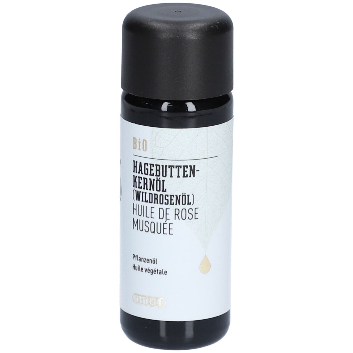Braune Glasflasche mit schwarzem Deckel. Etikett mit Produktnamen, BIO-Siegel und Logos. Hagebuttenkernöl.